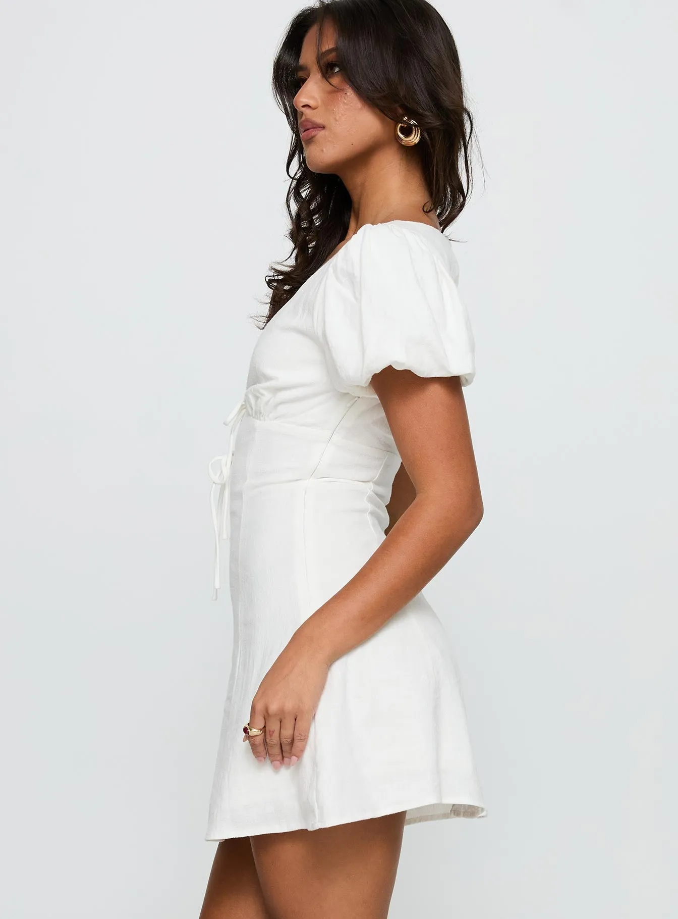 Beloved Puff Sleeve Linen Blend Mini Dress White sold by Princess Polly product image thumbnail 4
