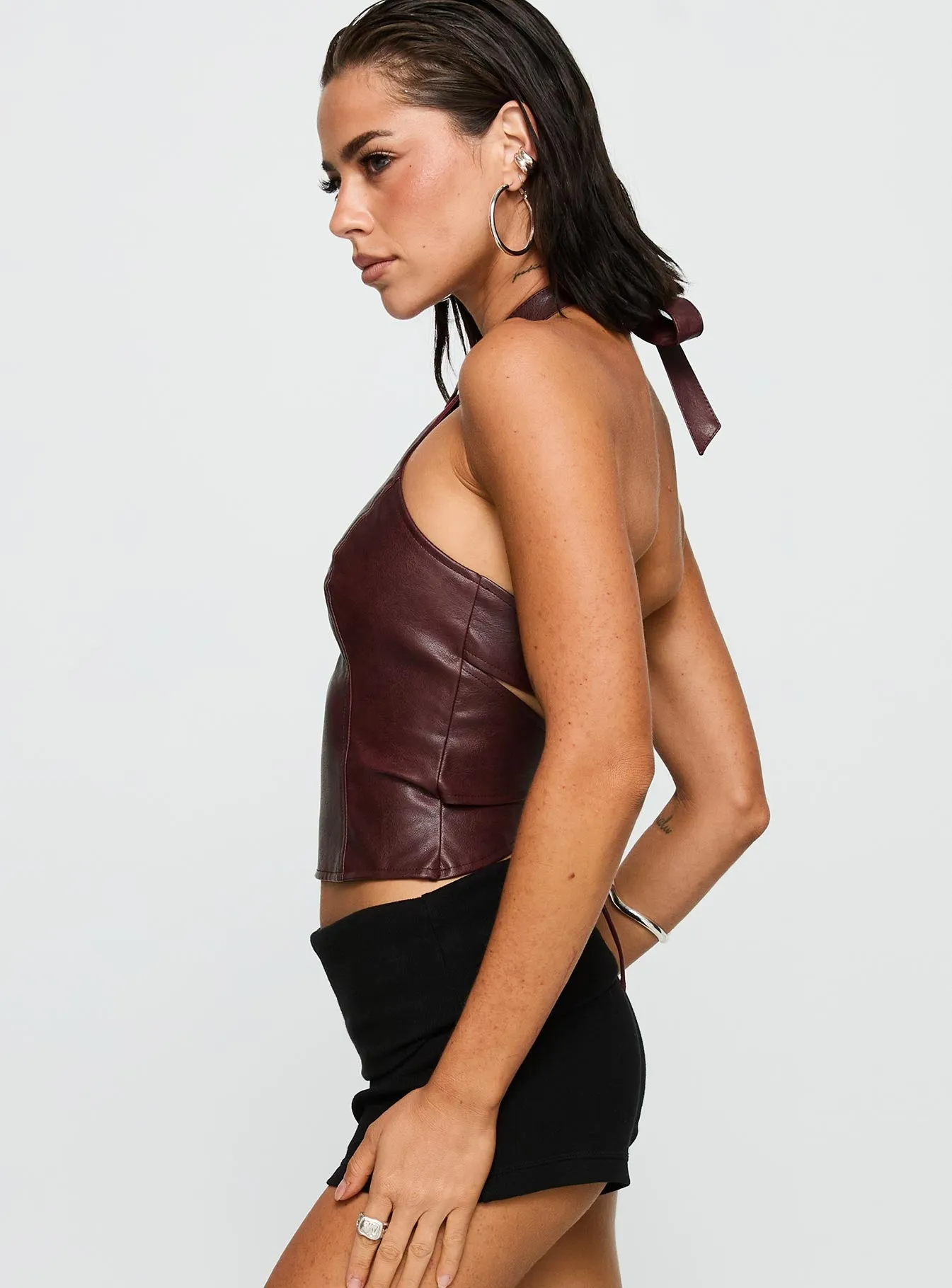 Treat You Better Ring Detail Faux Leather Top Burgundy sold by Princess Polly product image thumbnail 4