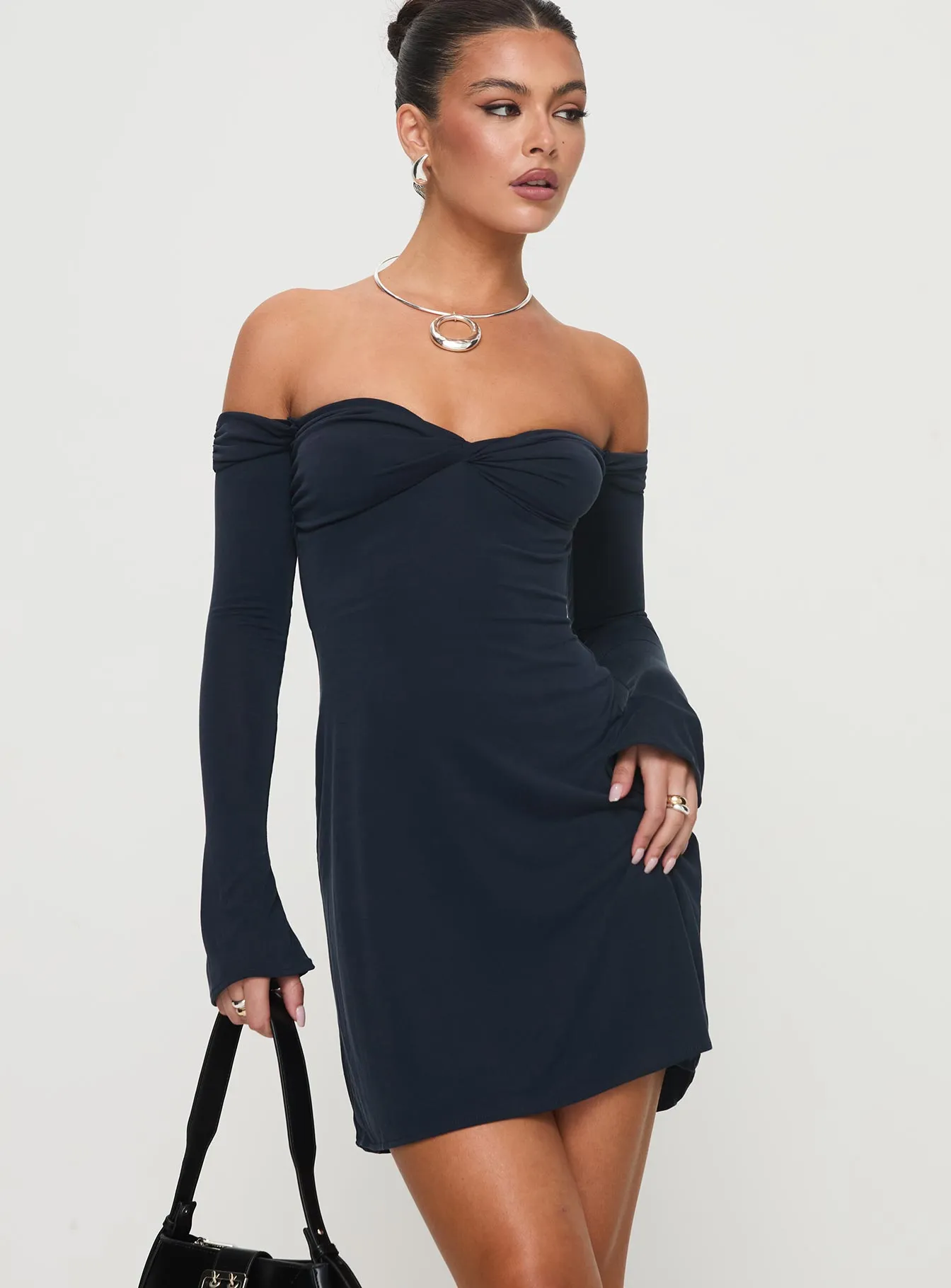 Suizie Off The Shoulder Mini Dress Navy sold by Princess Polly