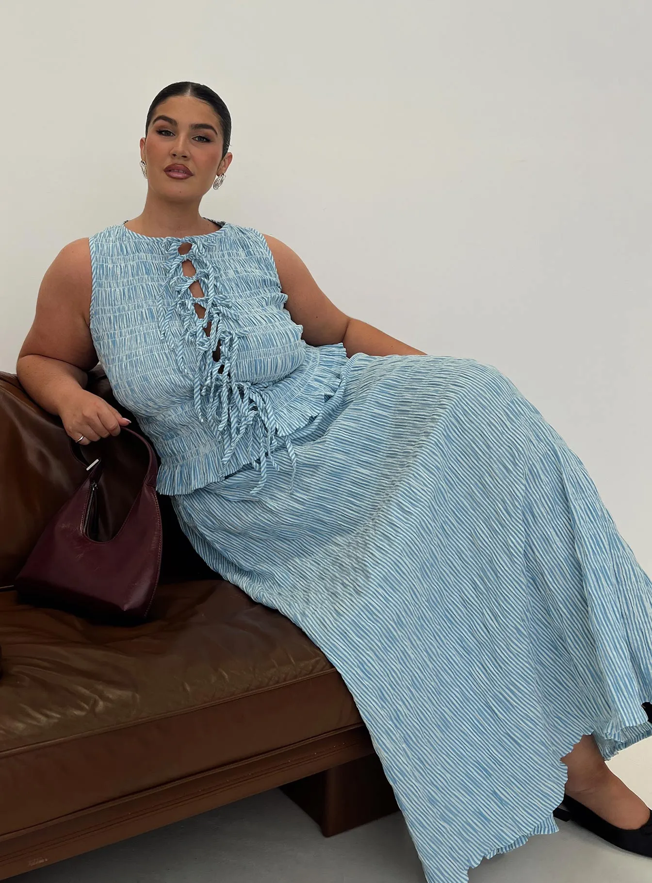 Songbird Shirred Maxi Dress Blue Curve sold by Princess Polly