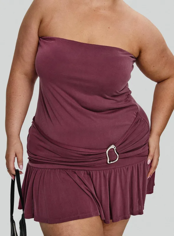 Love Lingers Strapless Mini Dress Burgundy Curve sold by Princess Polly