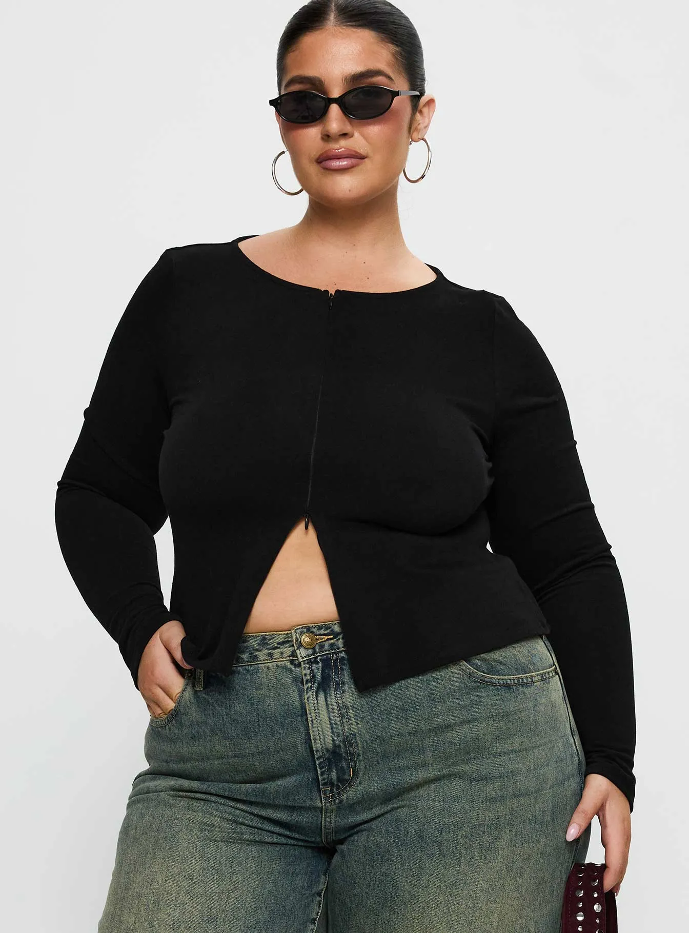 Kortez Long Sleeve Zip Through Top Black Curve sold by Princess Polly product image thumbnail 2