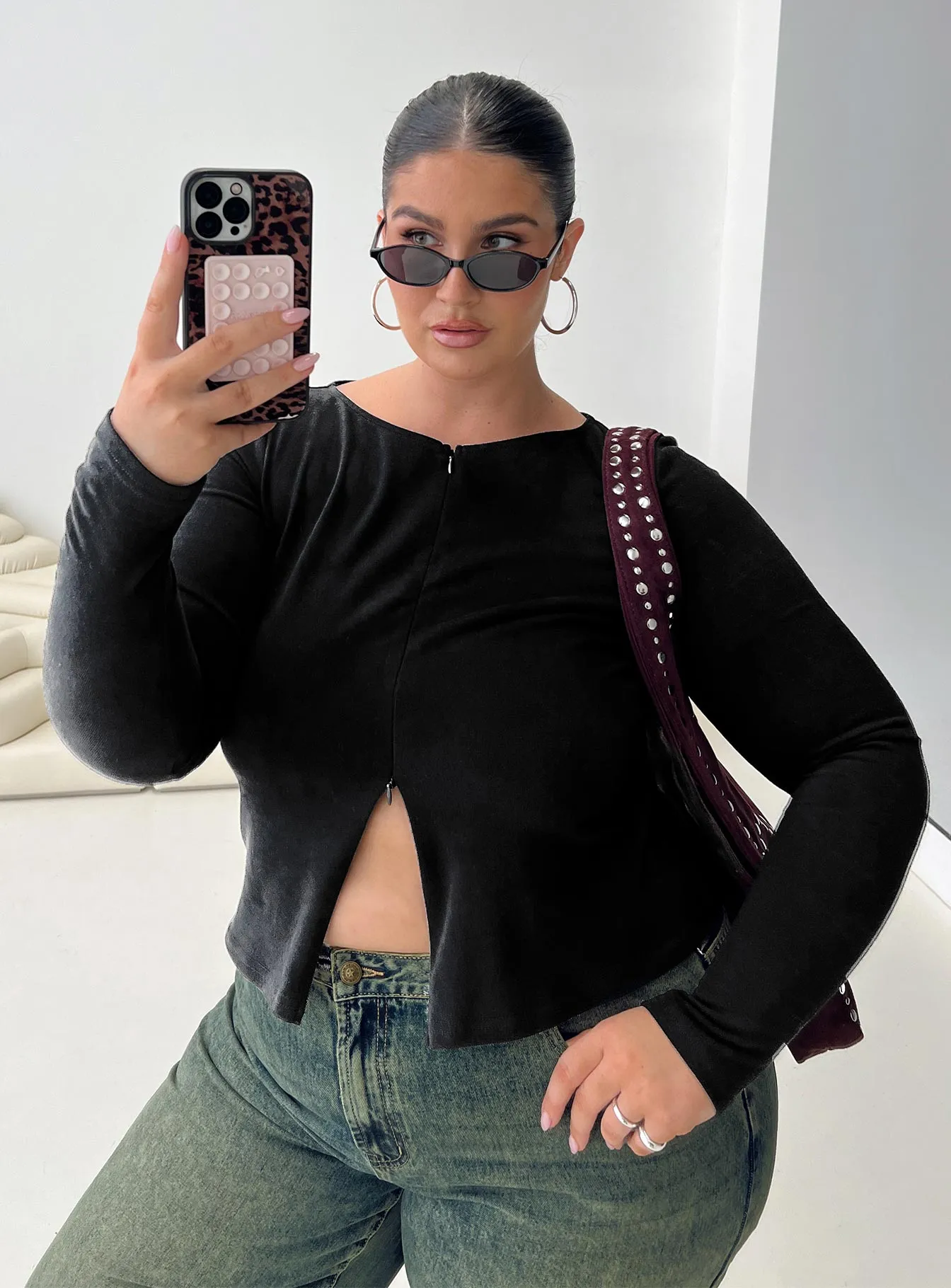 Kortez Long Sleeve Zip Through Top Black Curve sold by Princess Polly