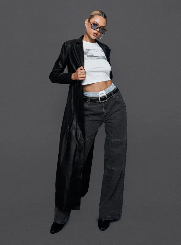 Speak Easy Long Line Faux Leather Coat Black sold by Princess Polly