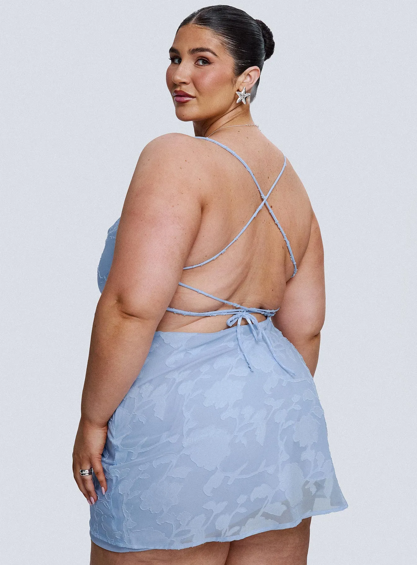 Celena Mini Dress Light Blue Burnout Curve sold by Princess Polly