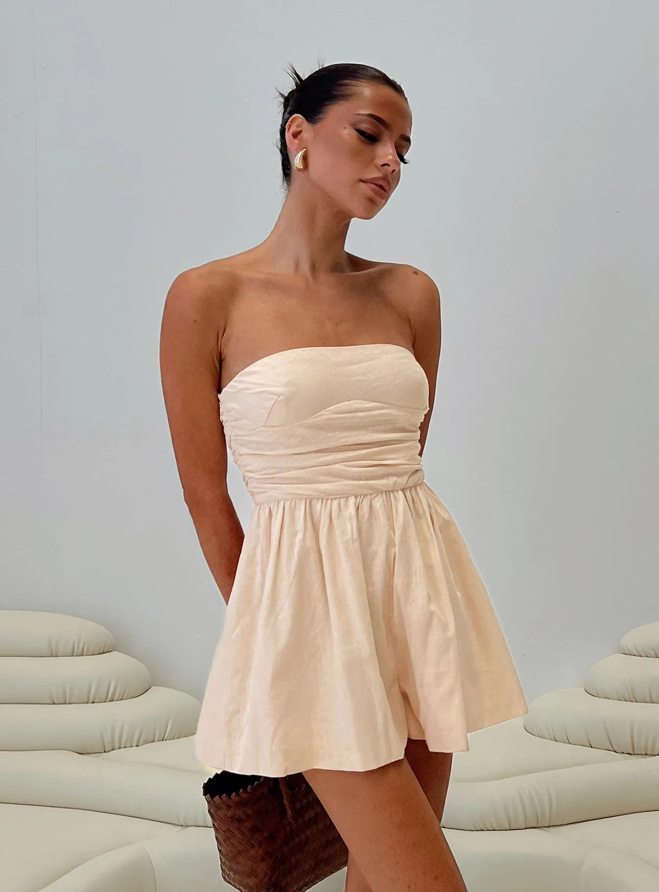 Quinelle Strapless Romper Cream sold by Princess Polly