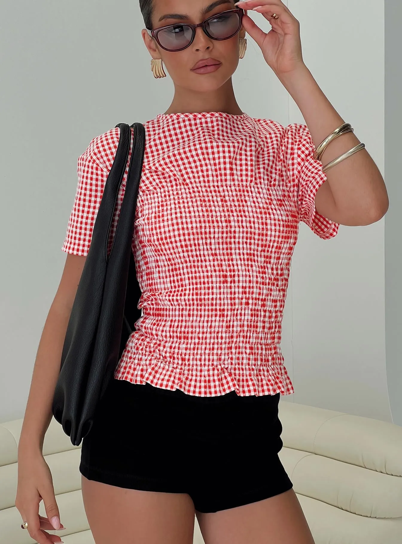 Maybe Tomorrow Ruched Top Red Check sold by Princess Polly
