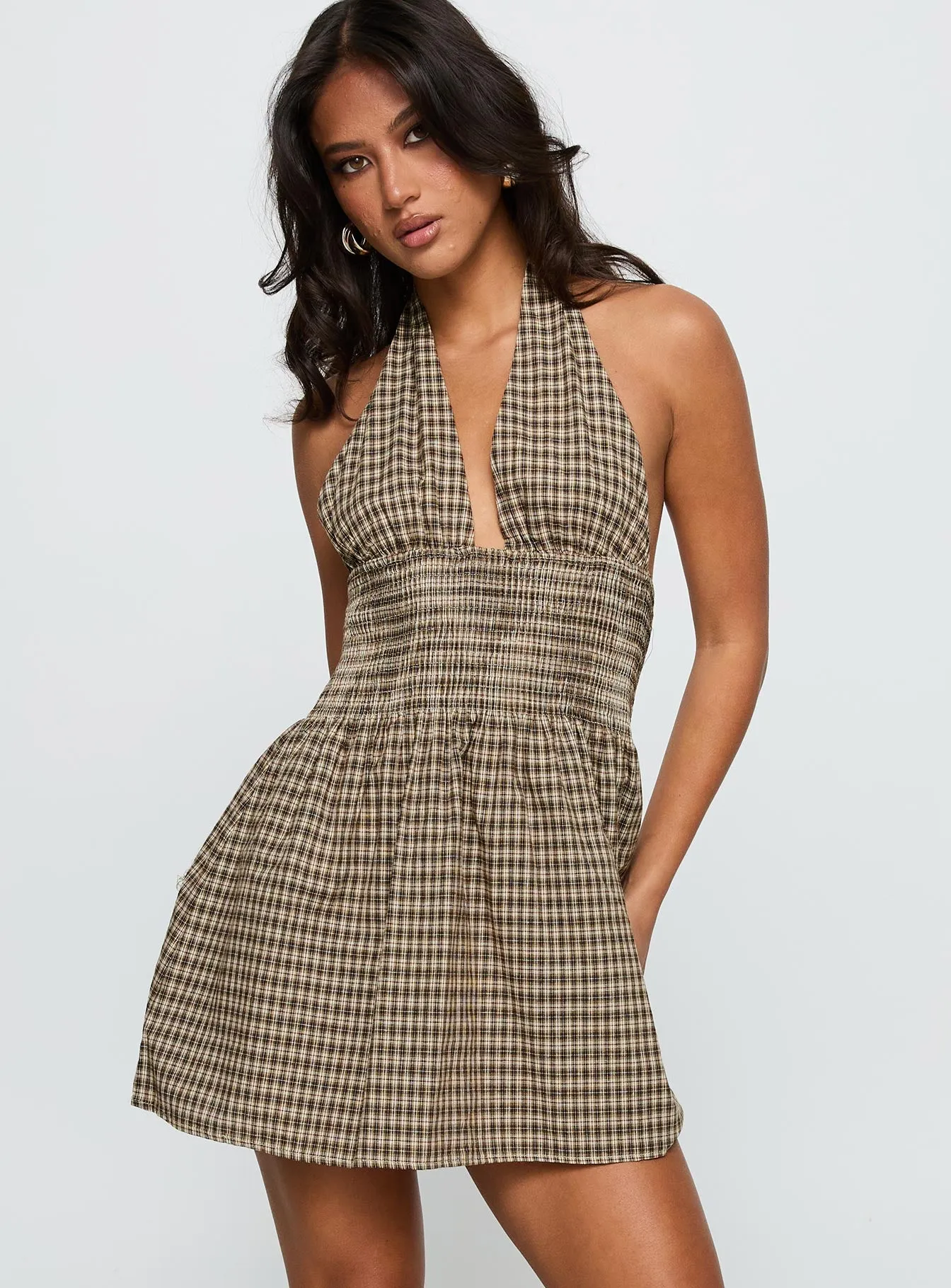 Juanette Halter Mini Dress Brown Check sold by Princess Polly product image thumbnail 2