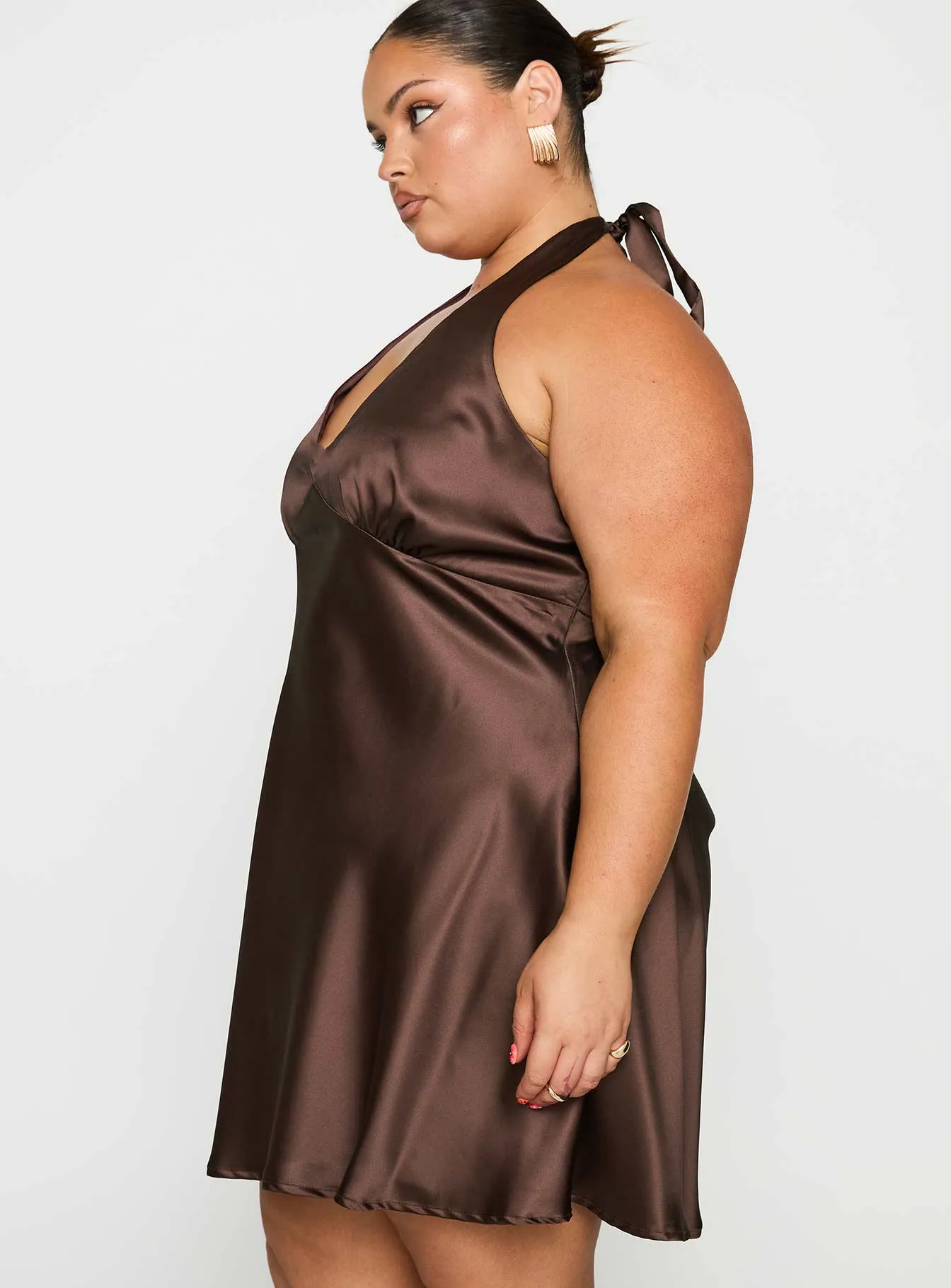 Pelagia Halter Scarf Tie Mini Dress Brown Curve sold by Princess Polly product image thumbnail 3