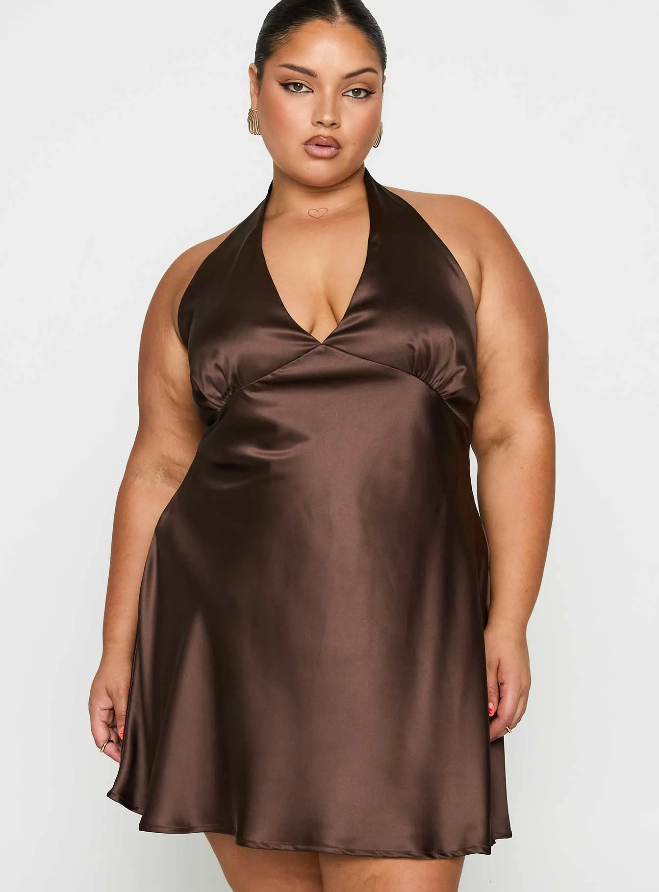Pelagia Halter Scarf Tie Mini Dress Brown Curve sold by Princess Polly