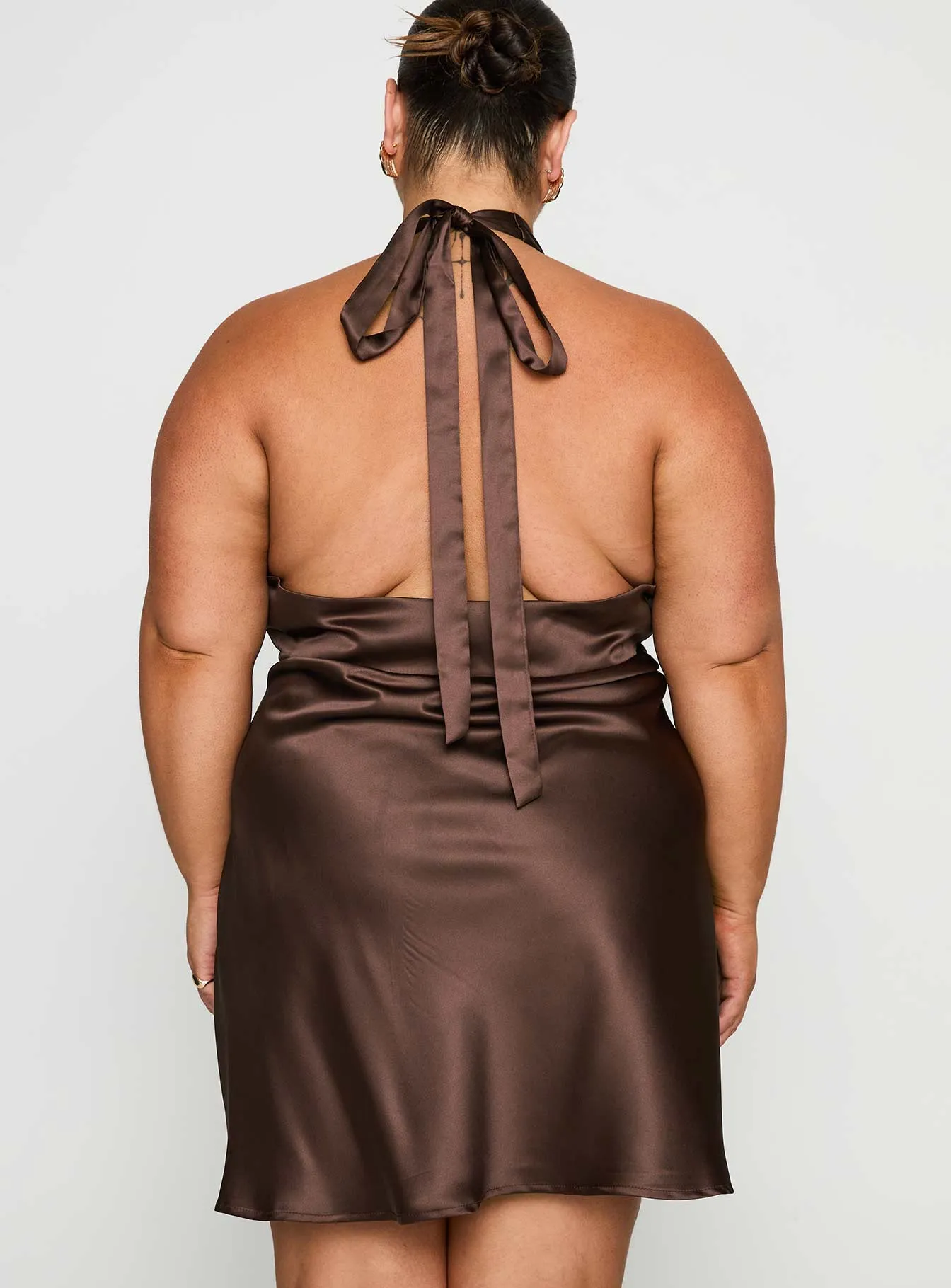 Pelagia Halter Scarf Tie Mini Dress Brown Curve sold by Princess Polly product image thumbnail 4
