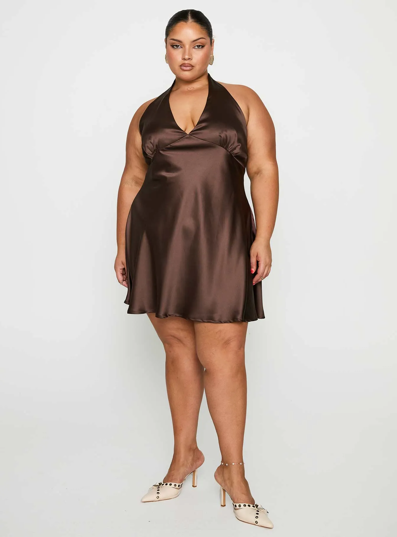 Pelagia Halter Scarf Tie Mini Dress Brown Curve sold by Princess Polly product image thumbnail 2