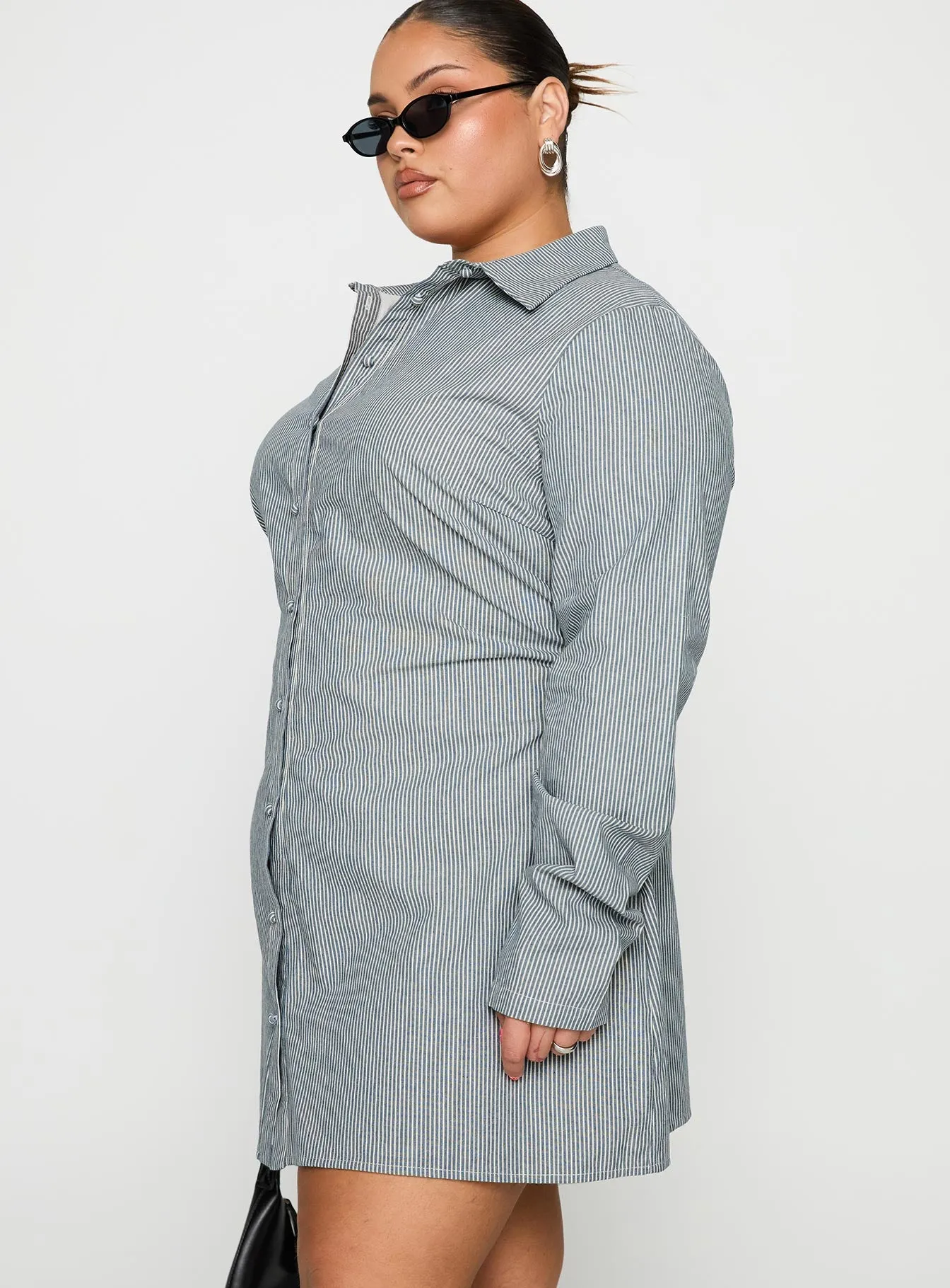 Publicity Long Sleeve Mini Dress Blue Pinstripe Curve sold by Princess Polly product image thumbnail 4