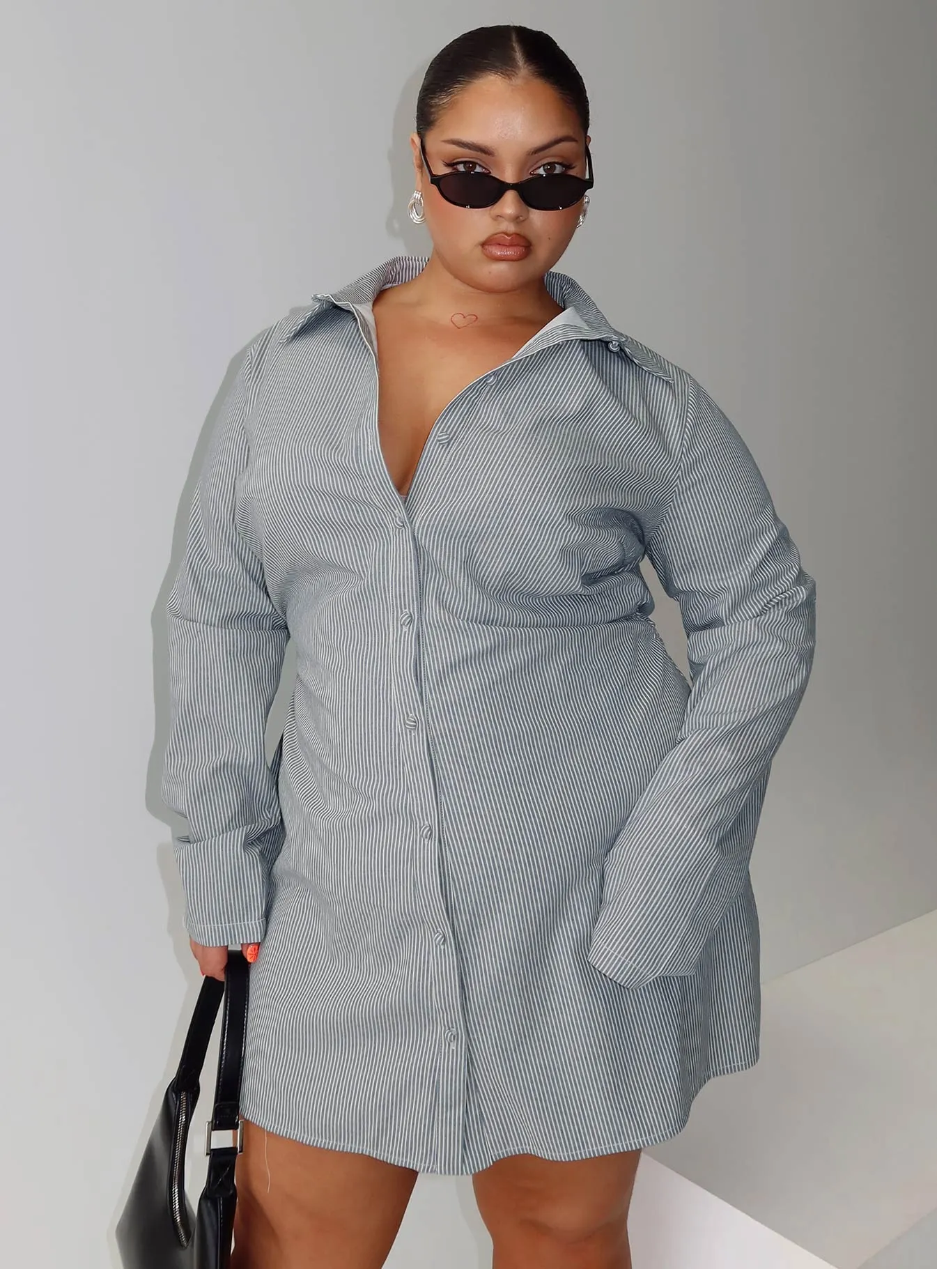 Publicity Long Sleeve Mini Dress Blue Pinstripe Curve sold by Princess Polly