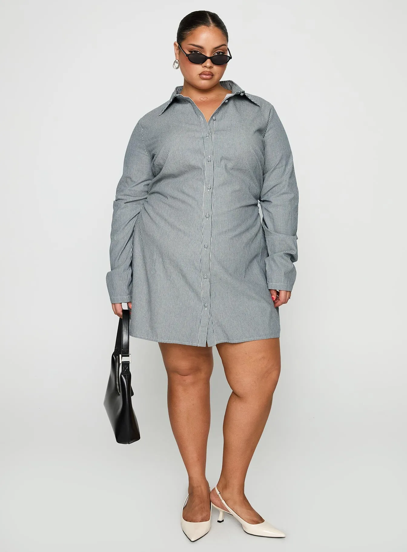 Publicity Long Sleeve Mini Dress Blue Pinstripe Curve sold by Princess Polly product image thumbnail 3