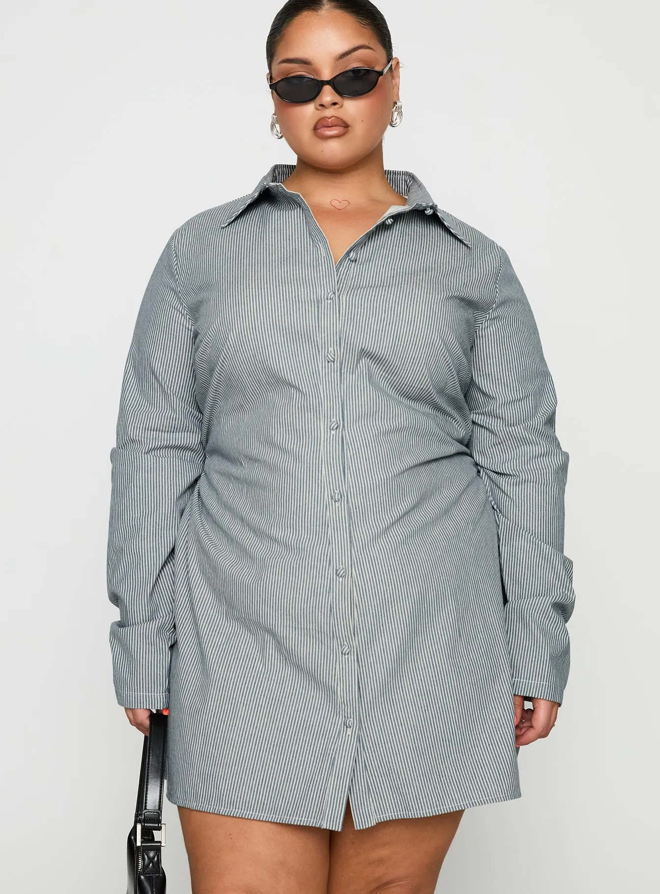 Publicity Long Sleeve Mini Dress Blue Pinstripe Curve sold by Princess Polly product image thumbnail 2