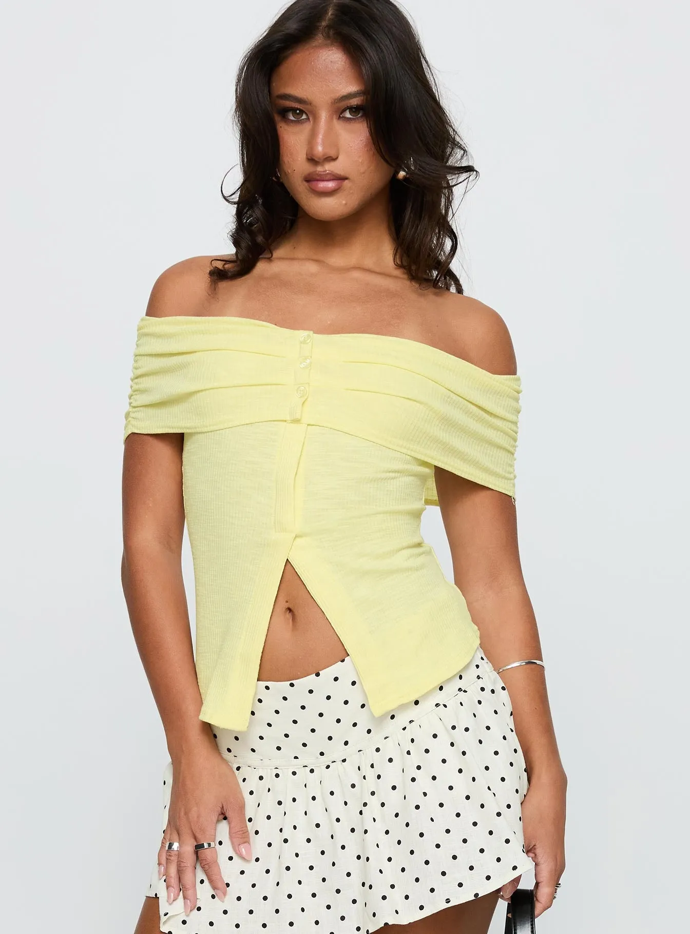 Azusa Off The Shoulder Top Yellow sold by Princess Polly
