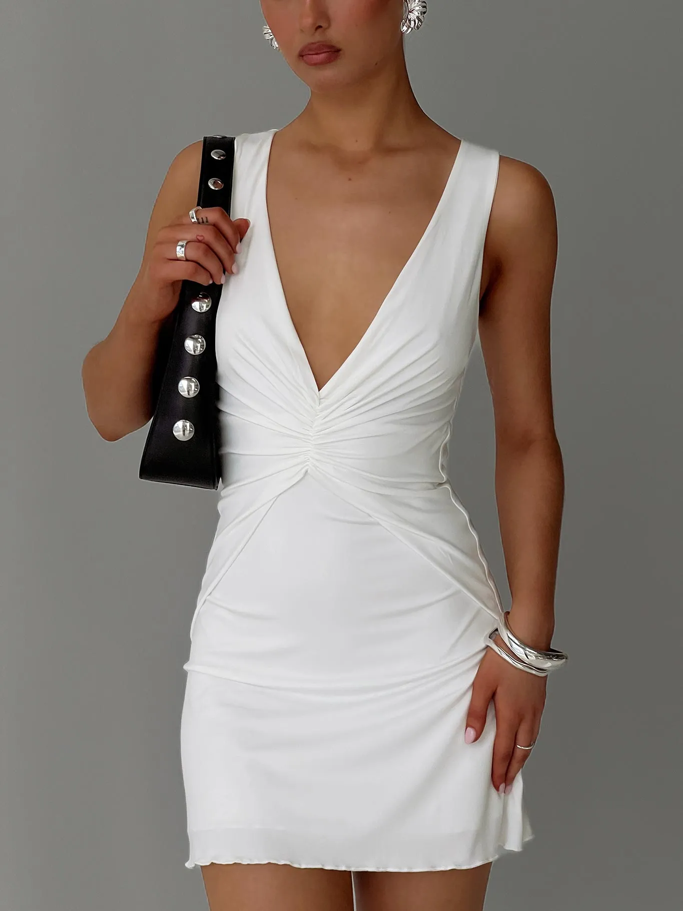 Frederica Plunge Mini Dress White sold by Princess Polly