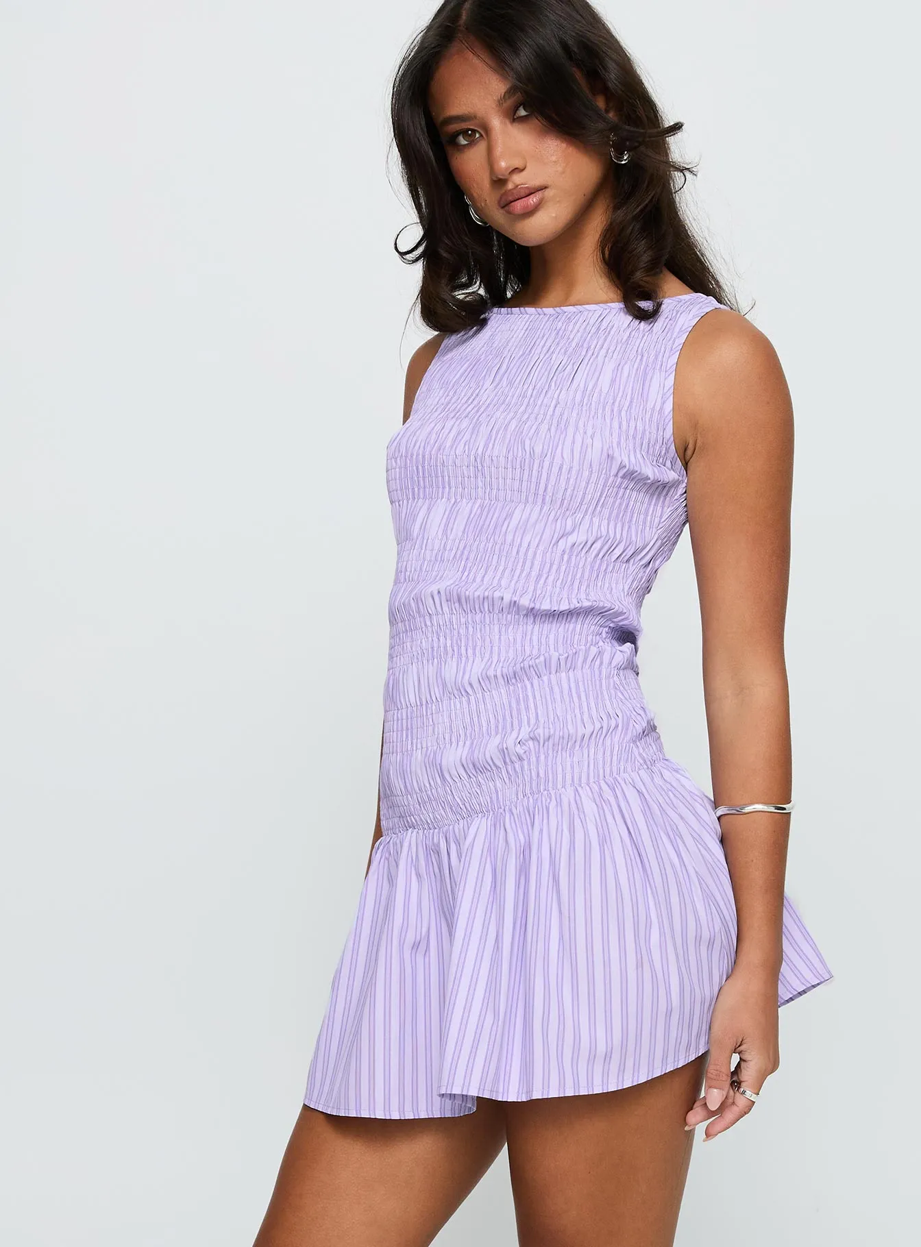 Home Grown Shirred Mini Dress Lilac Stripe sold by Princess Polly product image thumbnail 3