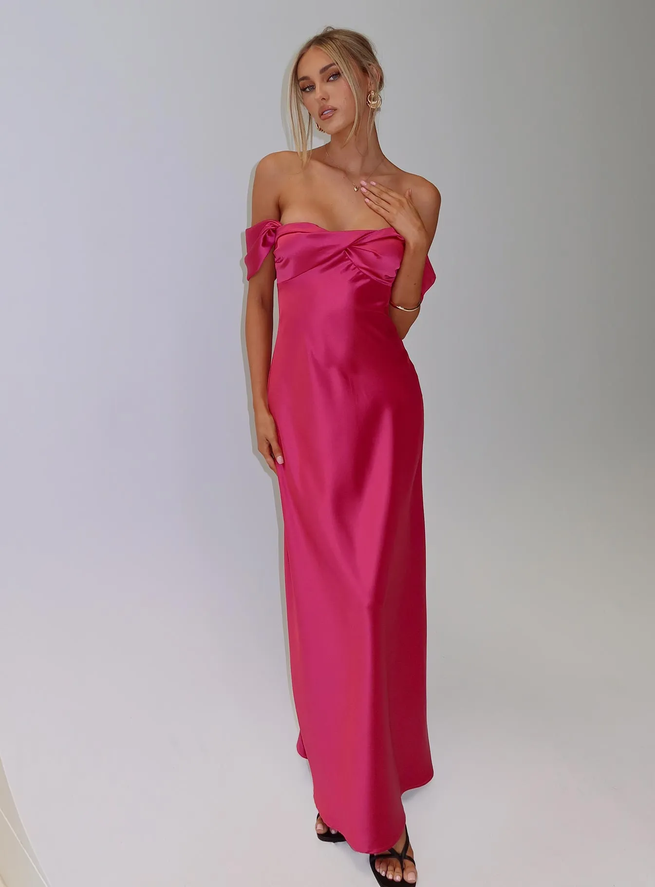 Live For You Off The Shoulder Maxi Dress Hot Pink sold by Princess Polly