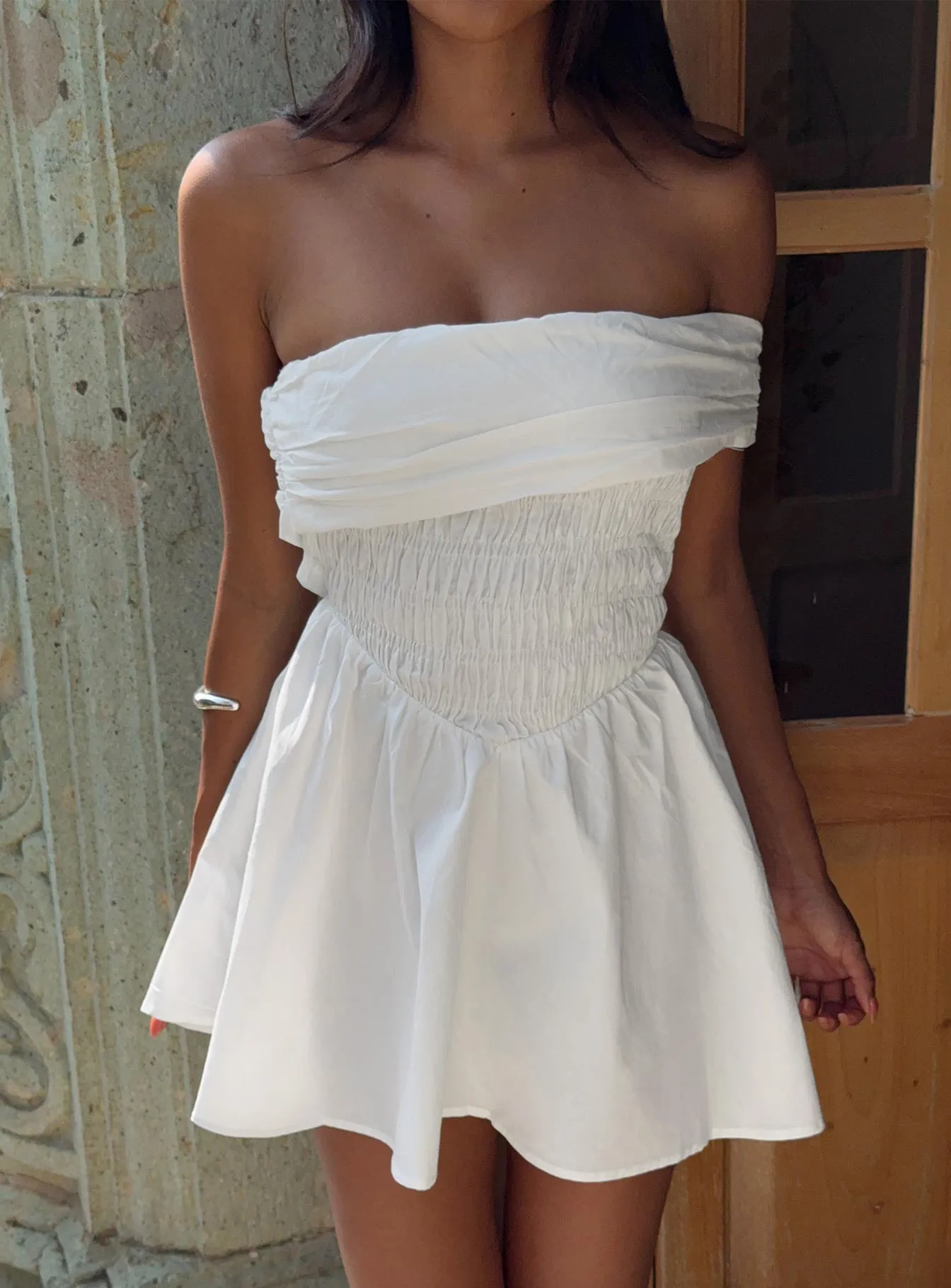 Fruitful Off Shoulder Mini Dress White sold by Princess Polly