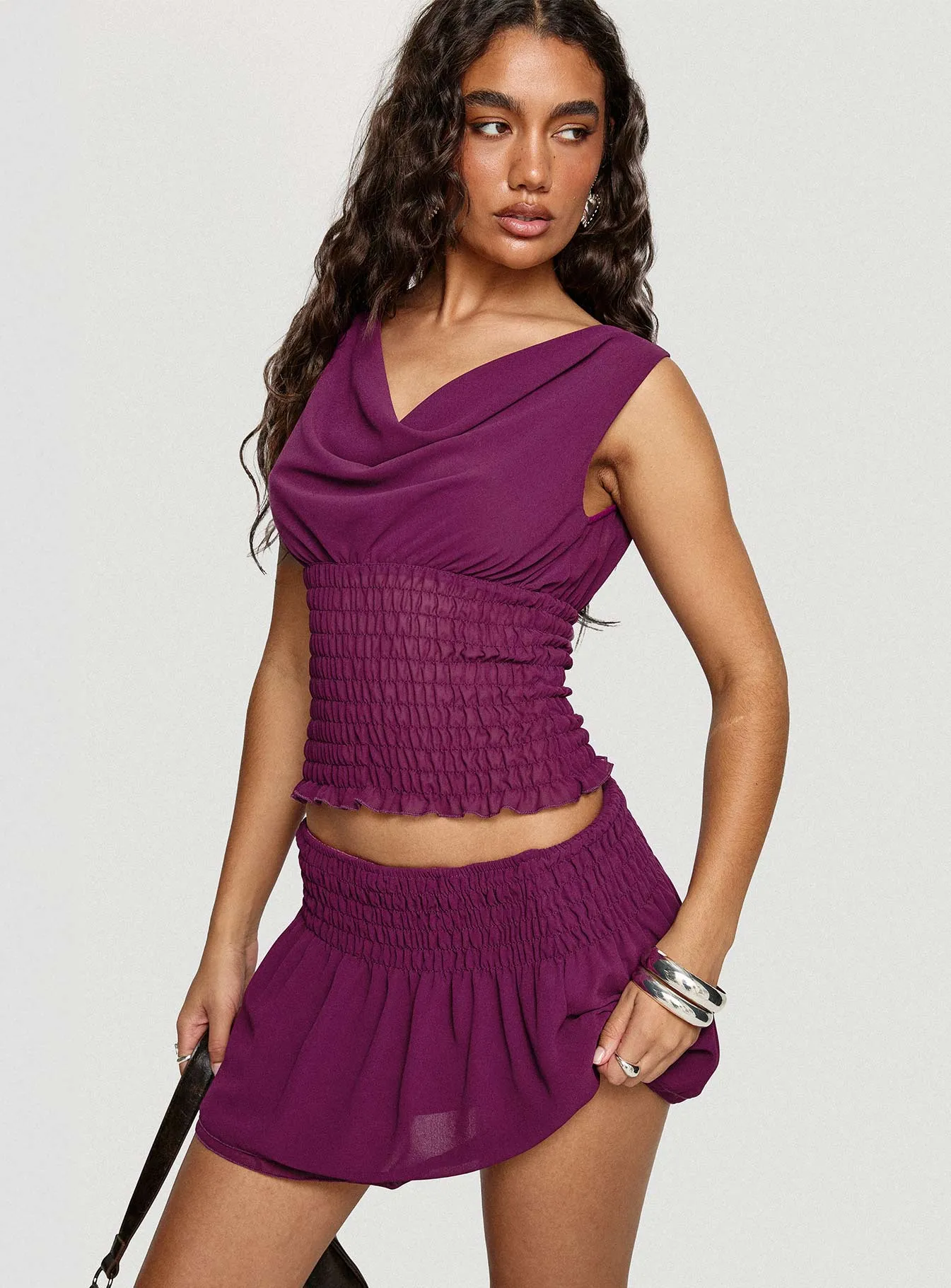 I Belong Shirred Mini Skirt Wine sold by Princess Polly