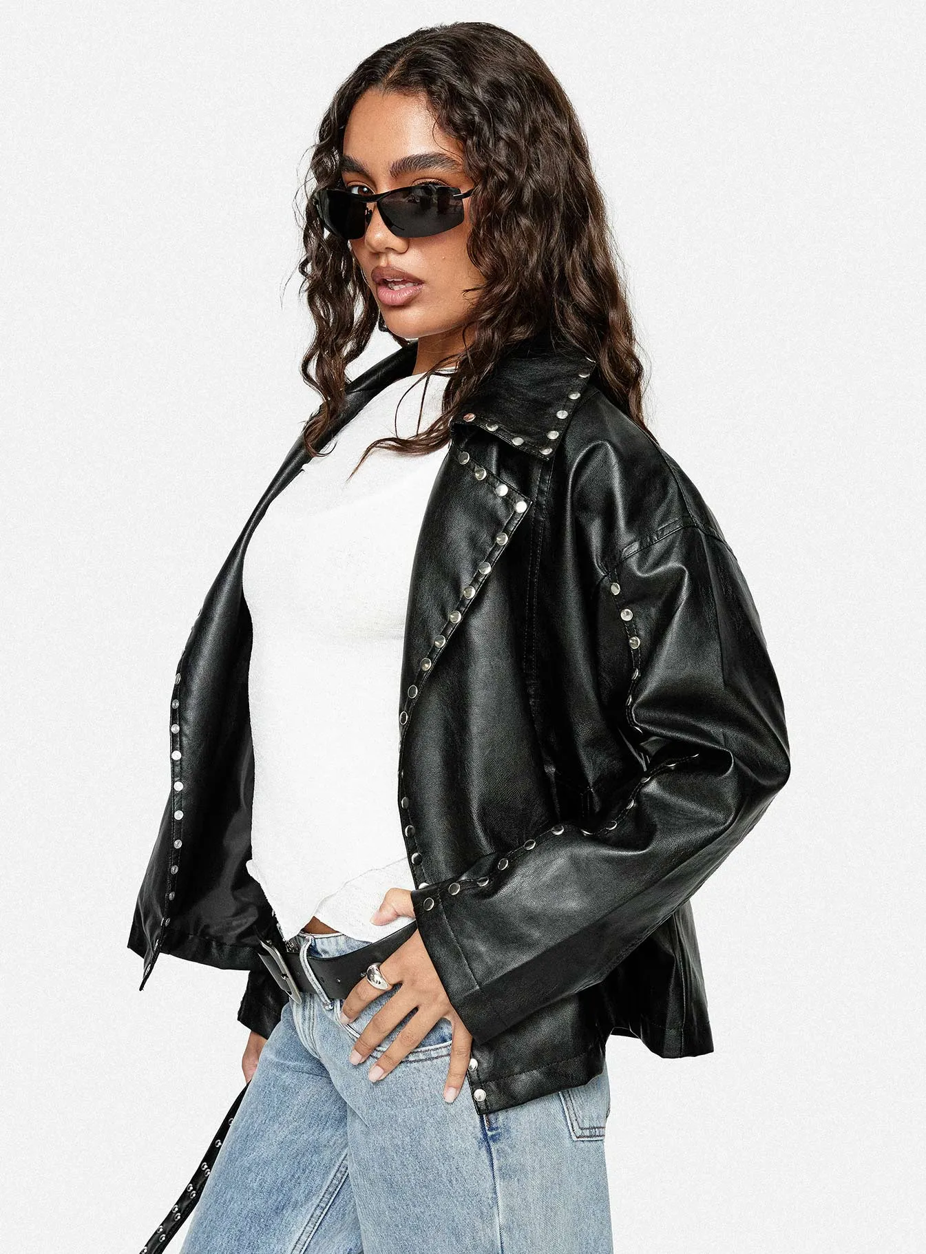 Kaeden Faux Leather Stud Detail Biker Jacket Black sold by Princess Polly