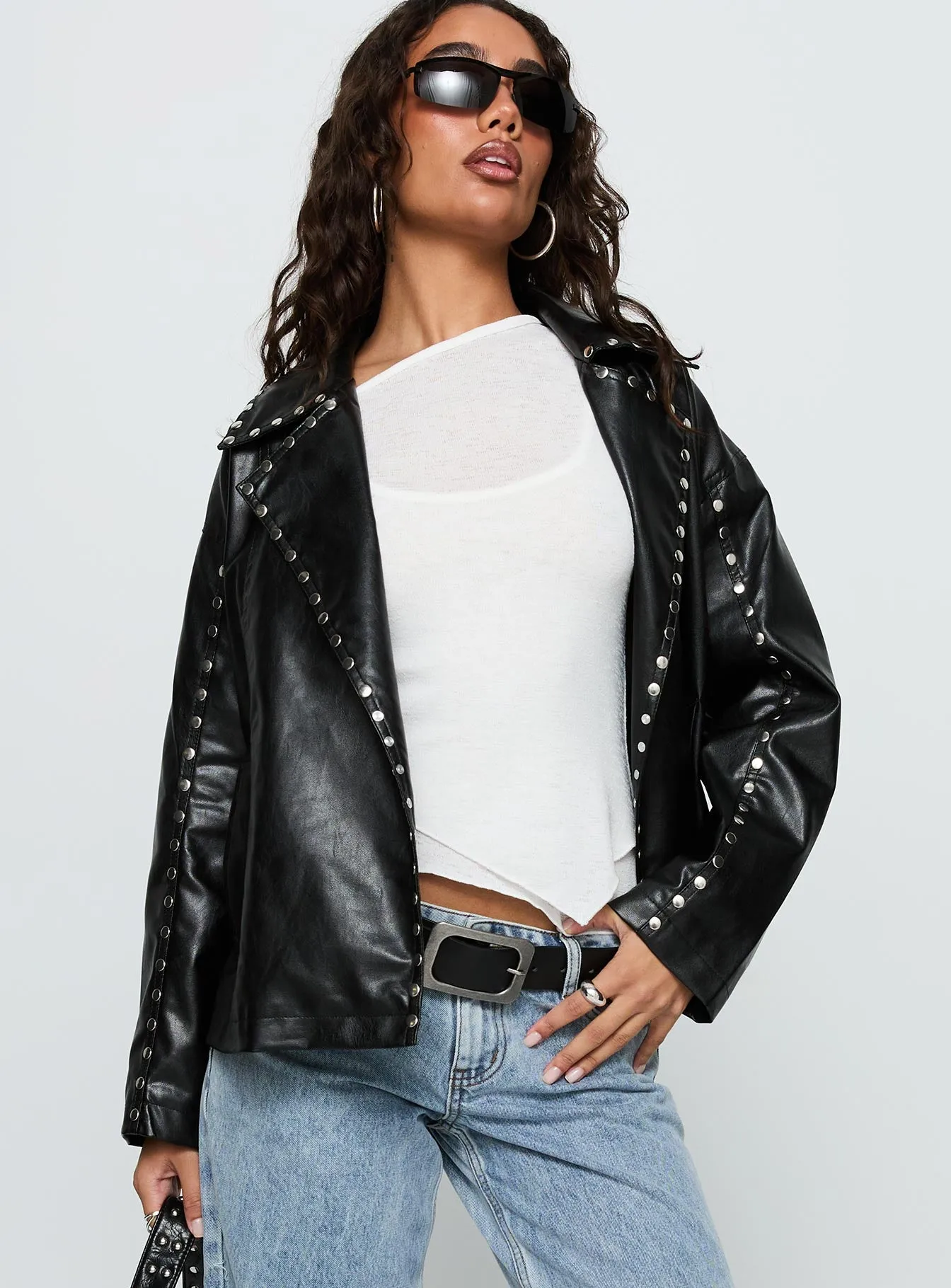 Kaeden Faux Leather Stud Detail Biker Jacket Black sold by Princess Polly product image thumbnail 2