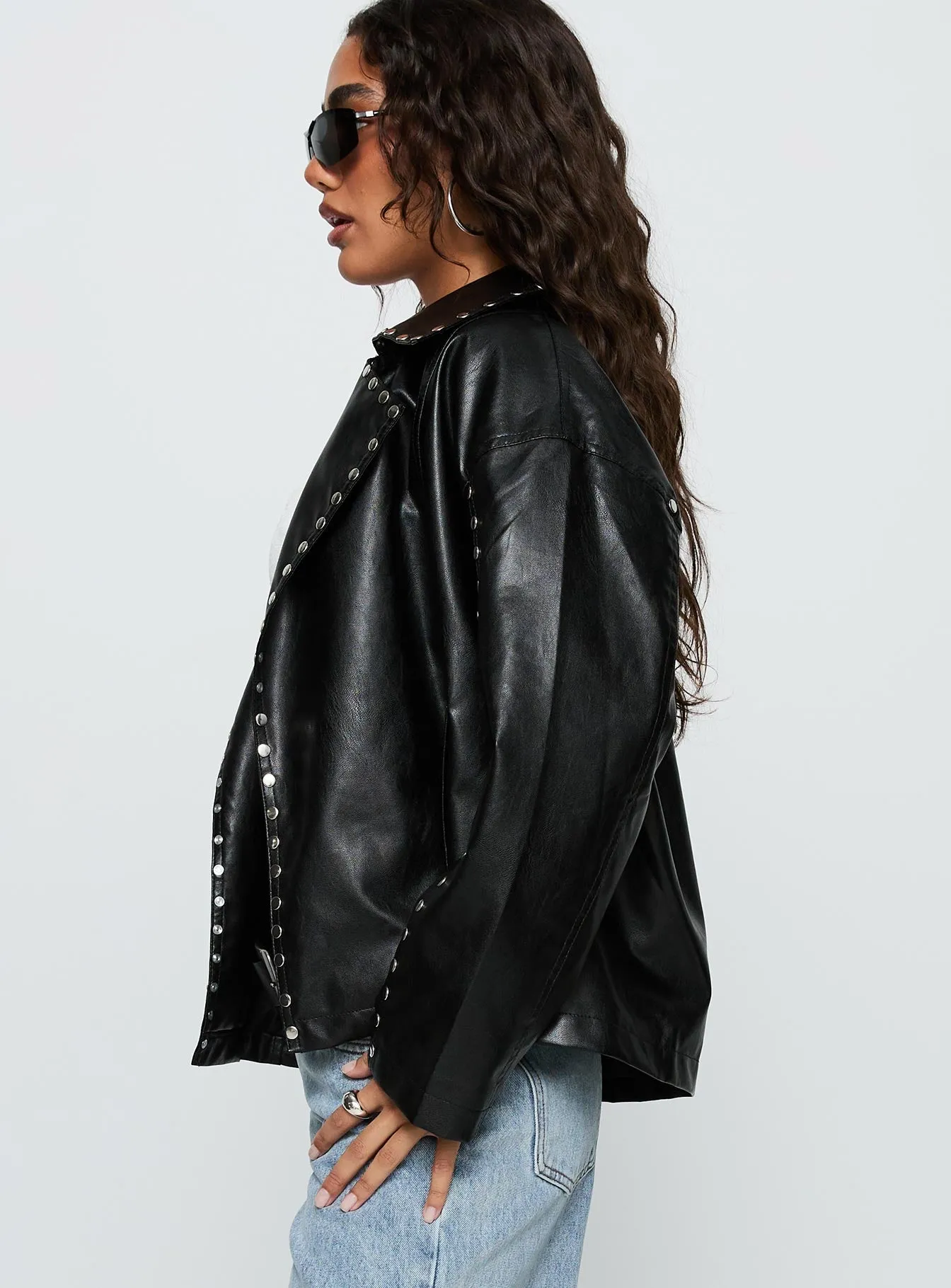 Kaeden Faux Leather Stud Detail Biker Jacket Black sold by Princess Polly product image thumbnail 4