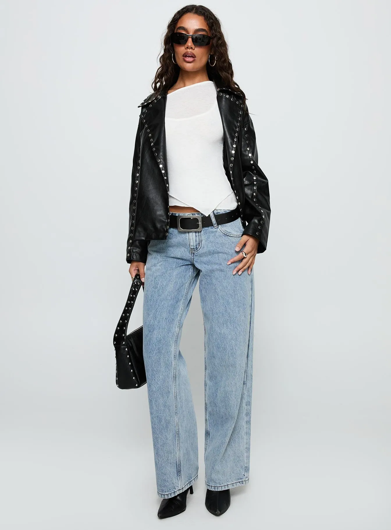 Kaeden Faux Leather Stud Detail Biker Jacket Black sold by Princess Polly product image thumbnail 3