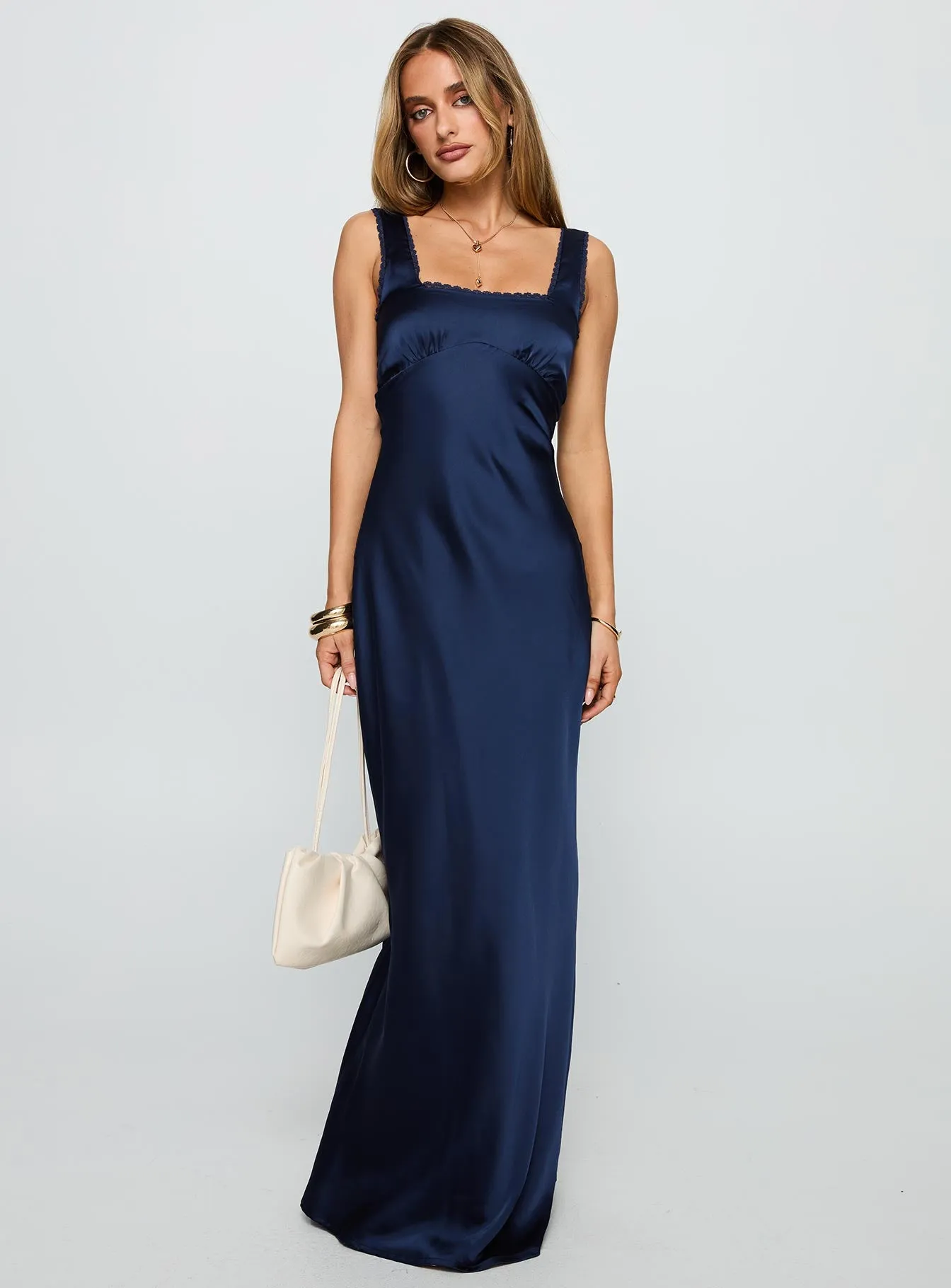 Dasha Satin Maxi Dress Navy sold by Princess Polly