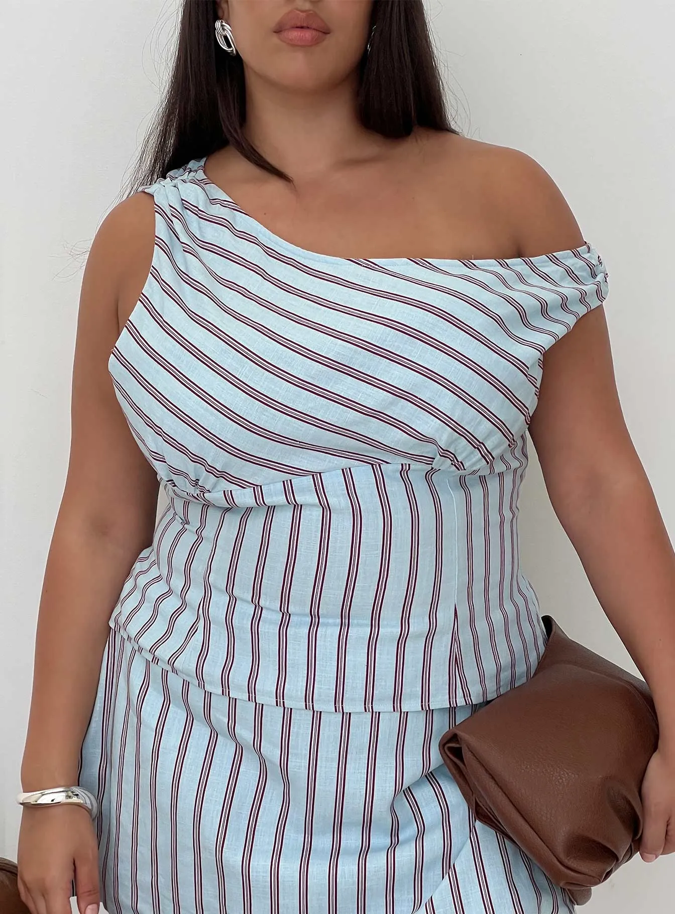 Del Rio Off The Shoulder Top Blue / Maroon Curve sold by Princess Polly