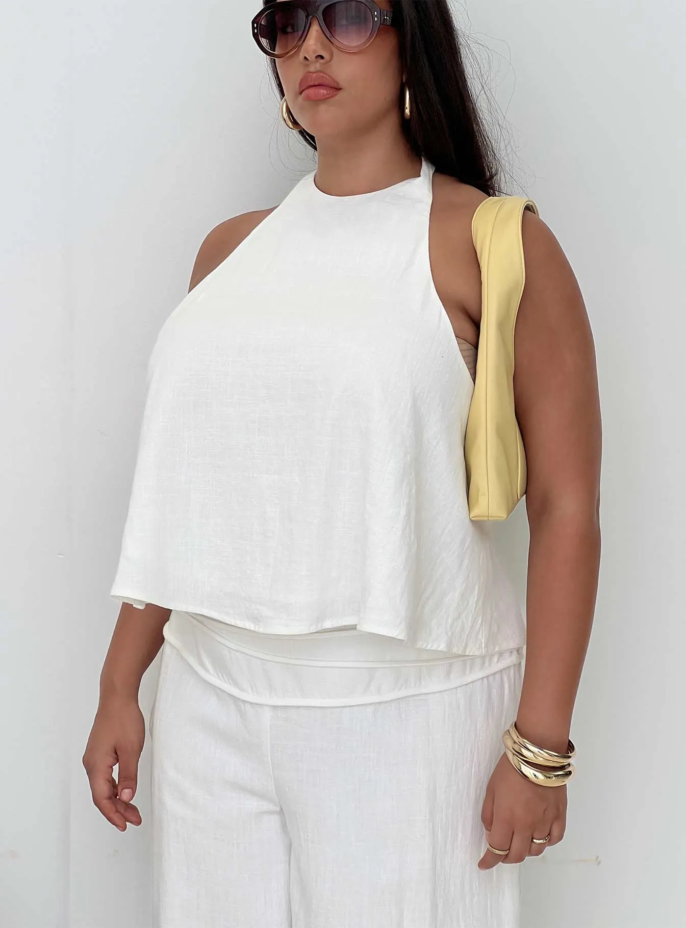 Aquaria Halter Linen Blend Top White Curve sold by Princess Polly