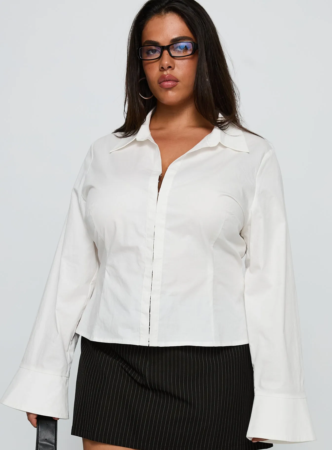 By The Phone Long Sleeve Collared Top White Curve sold by Princess Polly product image thumbnail 2