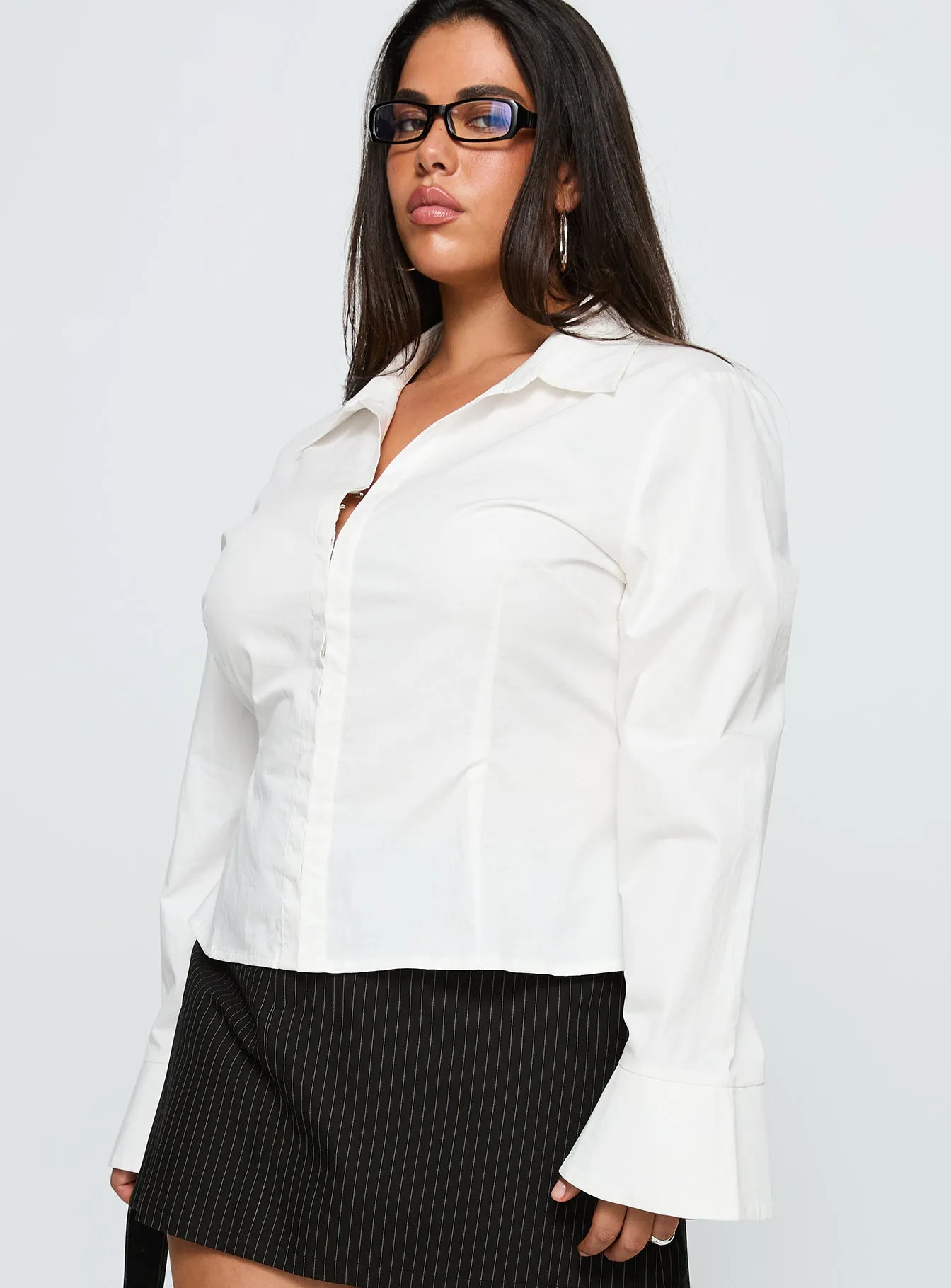 By The Phone Long Sleeve Collared Top White Curve sold by Princess Polly product image thumbnail 4