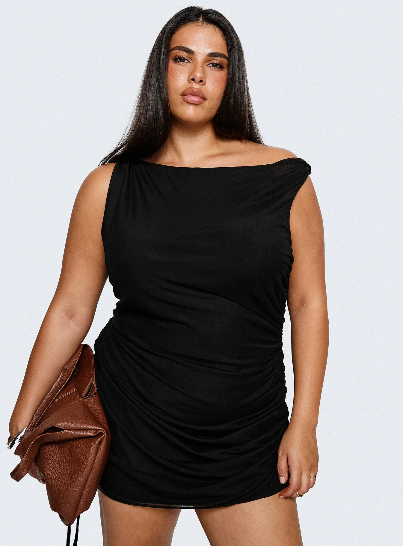 Bella Luna Ruched Mini Dress Black Curve sold by Princess Polly