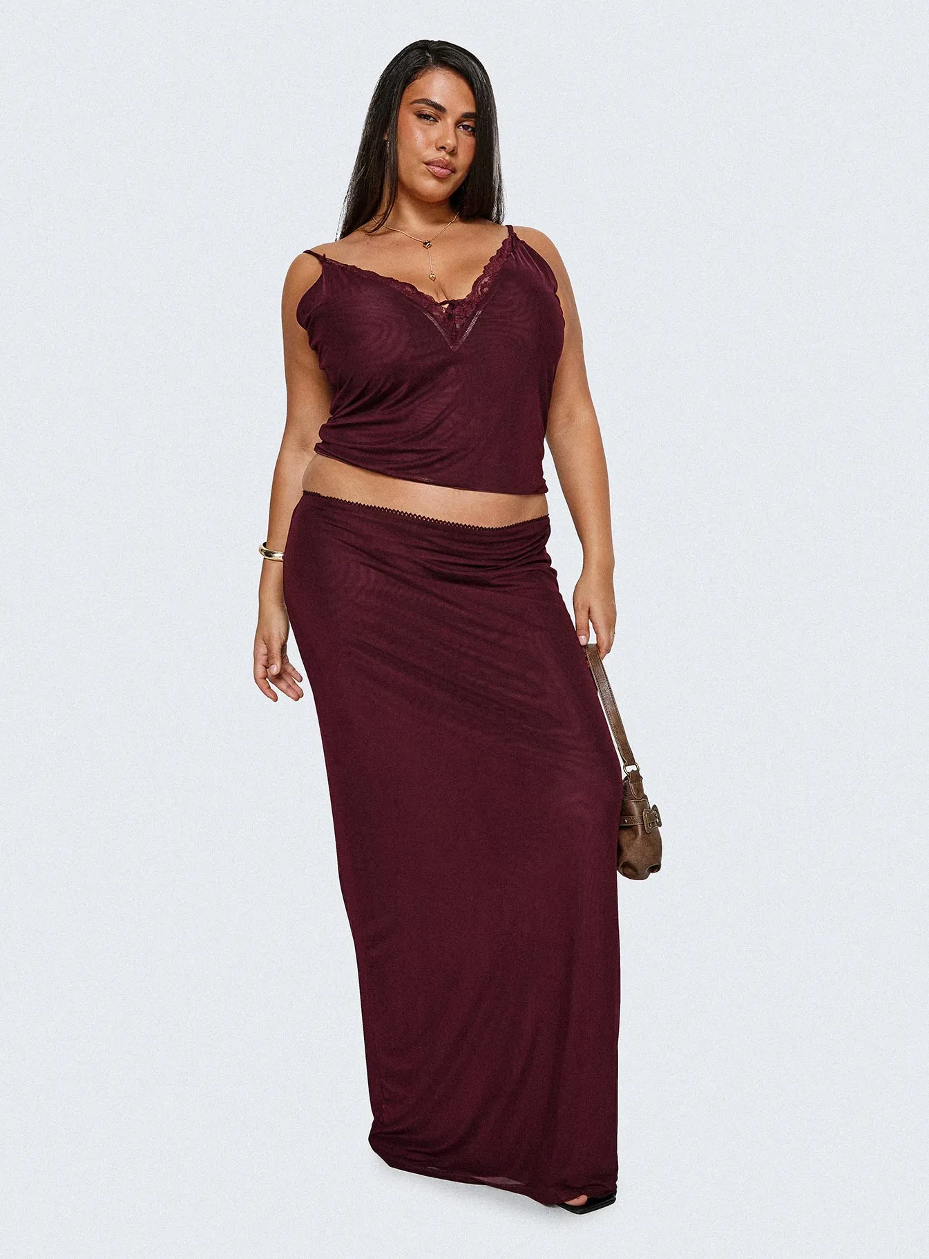 Reiko Lace Trim Tie Front Maxi Set Burgundy Curve sold by Princess Polly