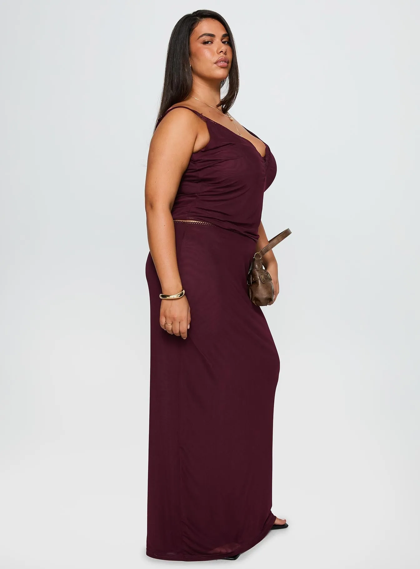 Reiko Lace Trim Tie Front Maxi Set Burgundy Curve sold by Princess Polly product image thumbnail 4