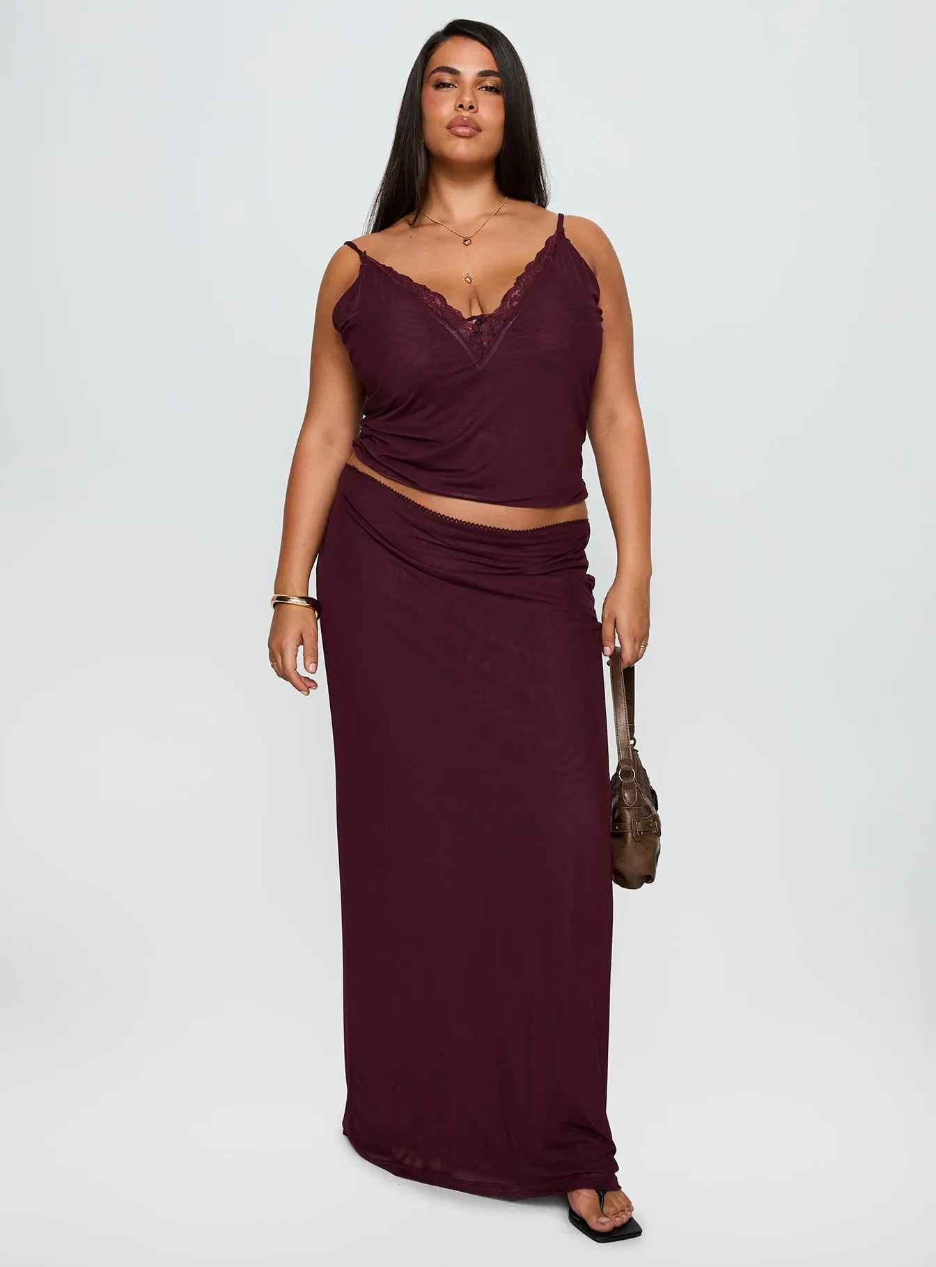 Reiko Lace Trim Tie Front Maxi Set Burgundy Curve sold by Princess Polly product image thumbnail 3
