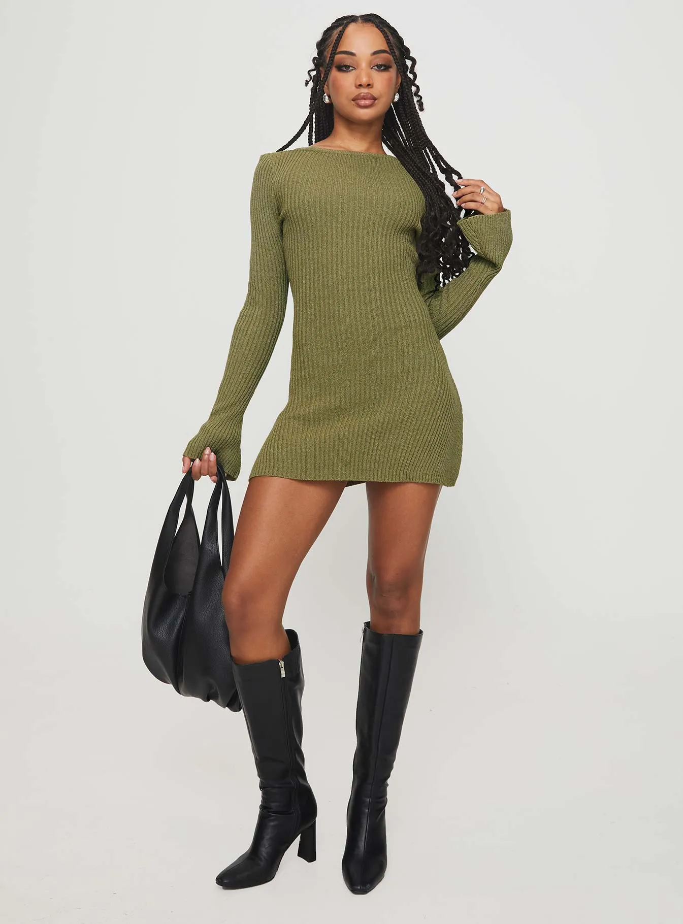 Osment Long Sleeve Knit Mini Dress Olive sold by Princess Polly product image thumbnail 3