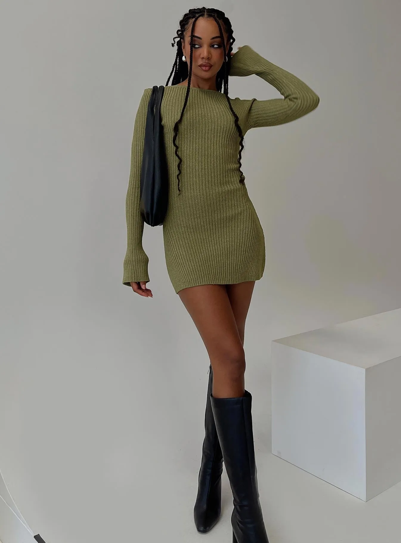 Osment Long Sleeve Knit Mini Dress Olive sold by Princess Polly