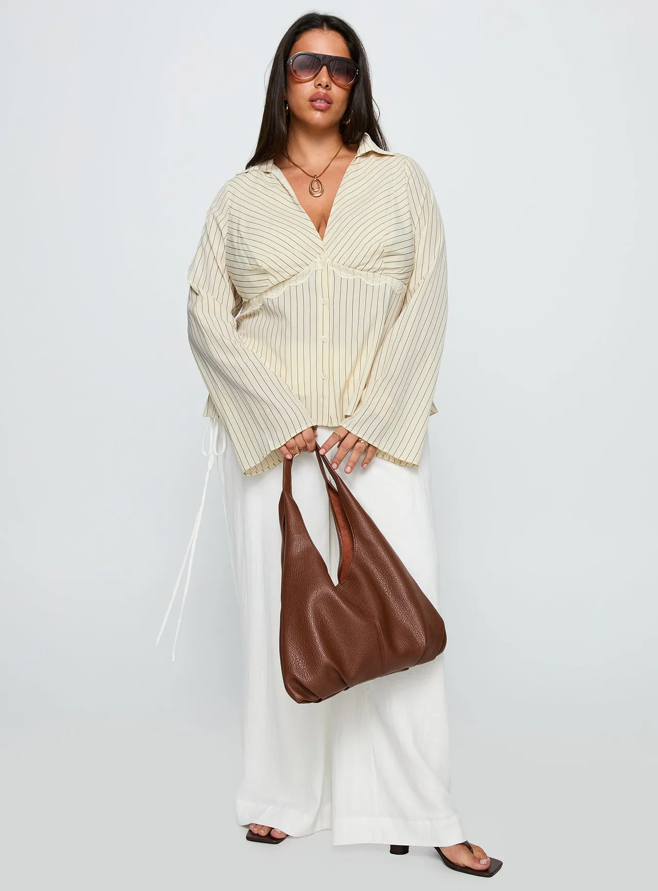 Life Begins Long Sleeve Lace Trim Top Cream Stripe Curve sold by Princess Polly product image thumbnail 3