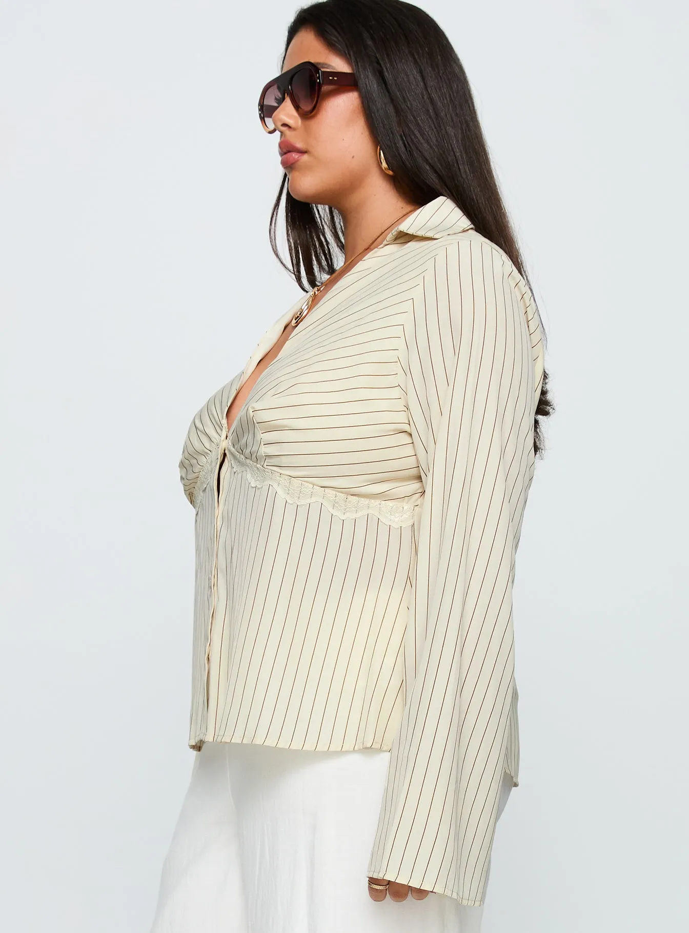 Life Begins Long Sleeve Lace Trim Top Cream Stripe Curve sold by Princess Polly product image thumbnail 4