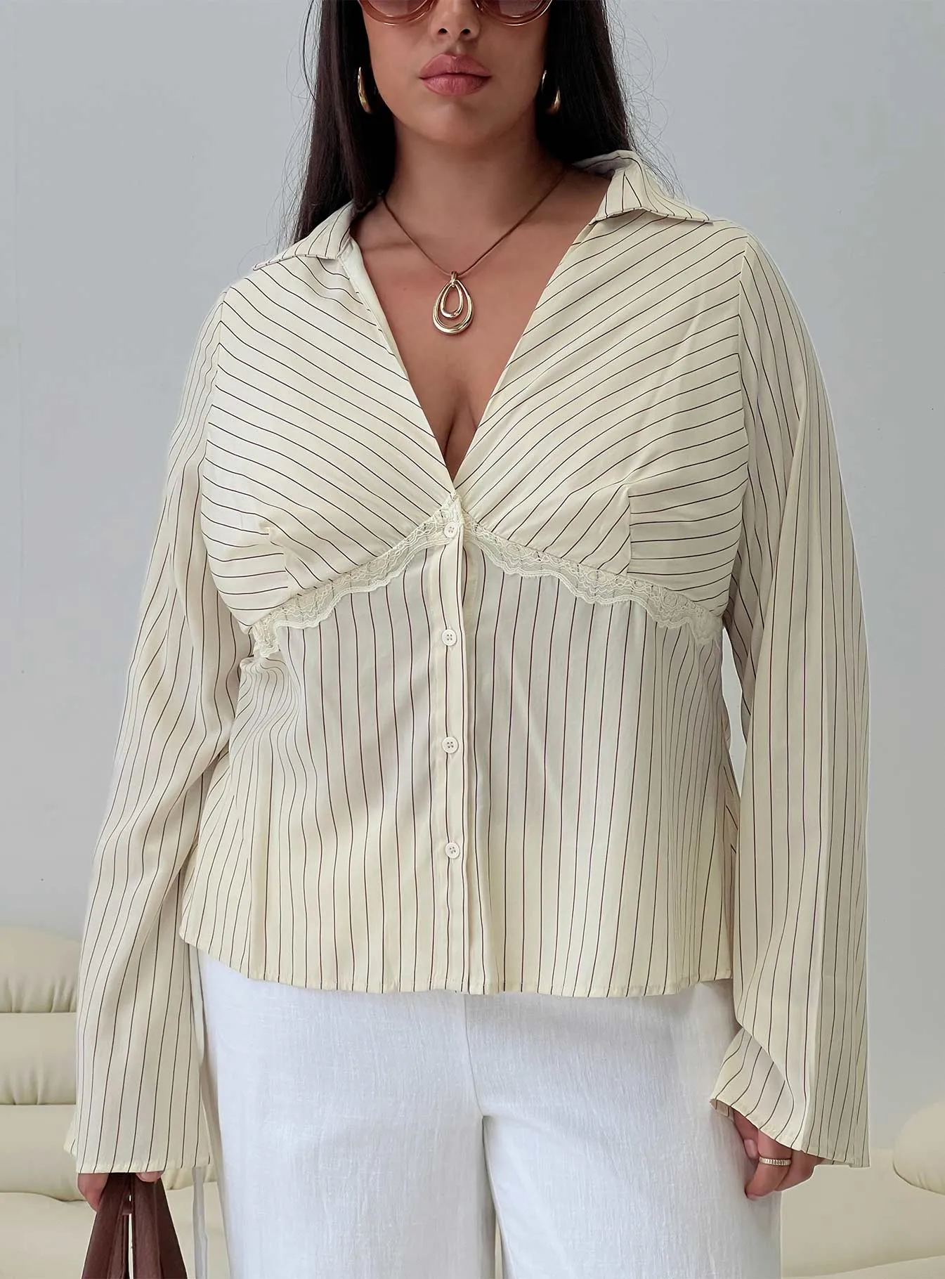 Life Begins Long Sleeve Lace Trim Top Cream Stripe Curve sold by Princess Polly