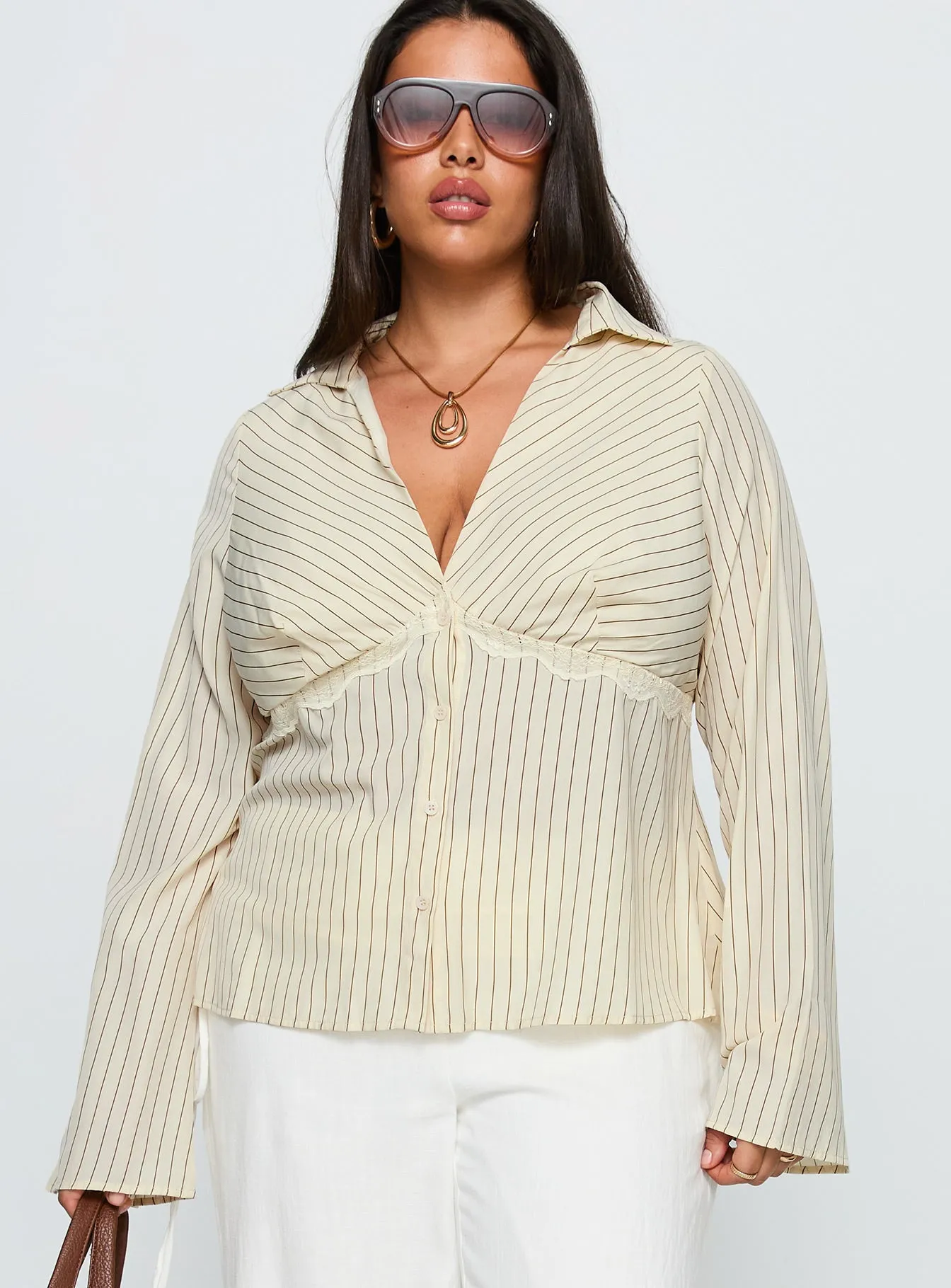 Life Begins Long Sleeve Lace Trim Top Cream Stripe Curve sold by Princess Polly product image thumbnail 2