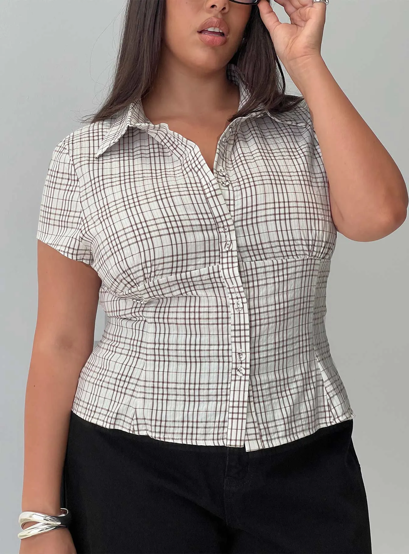 Cottesloe Blouse Top Brown Check Curve sold by Princess Polly