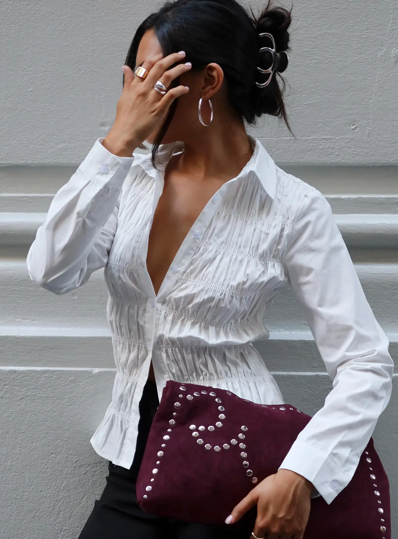 Cultivate Shirred Long Sleeve Top White sold by Princess Polly