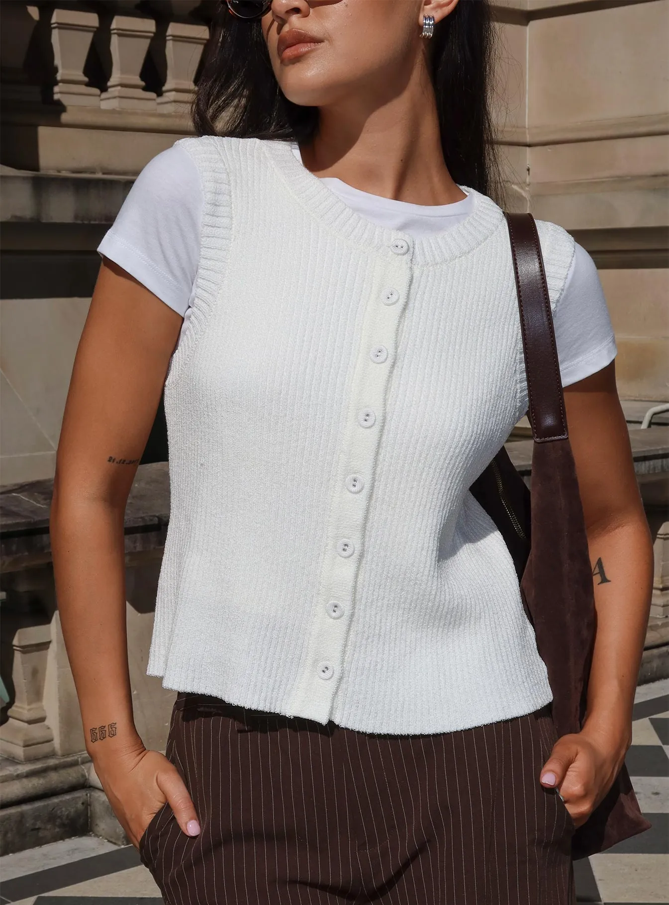 Simie Button Front Rib Top White sold by Princess Polly