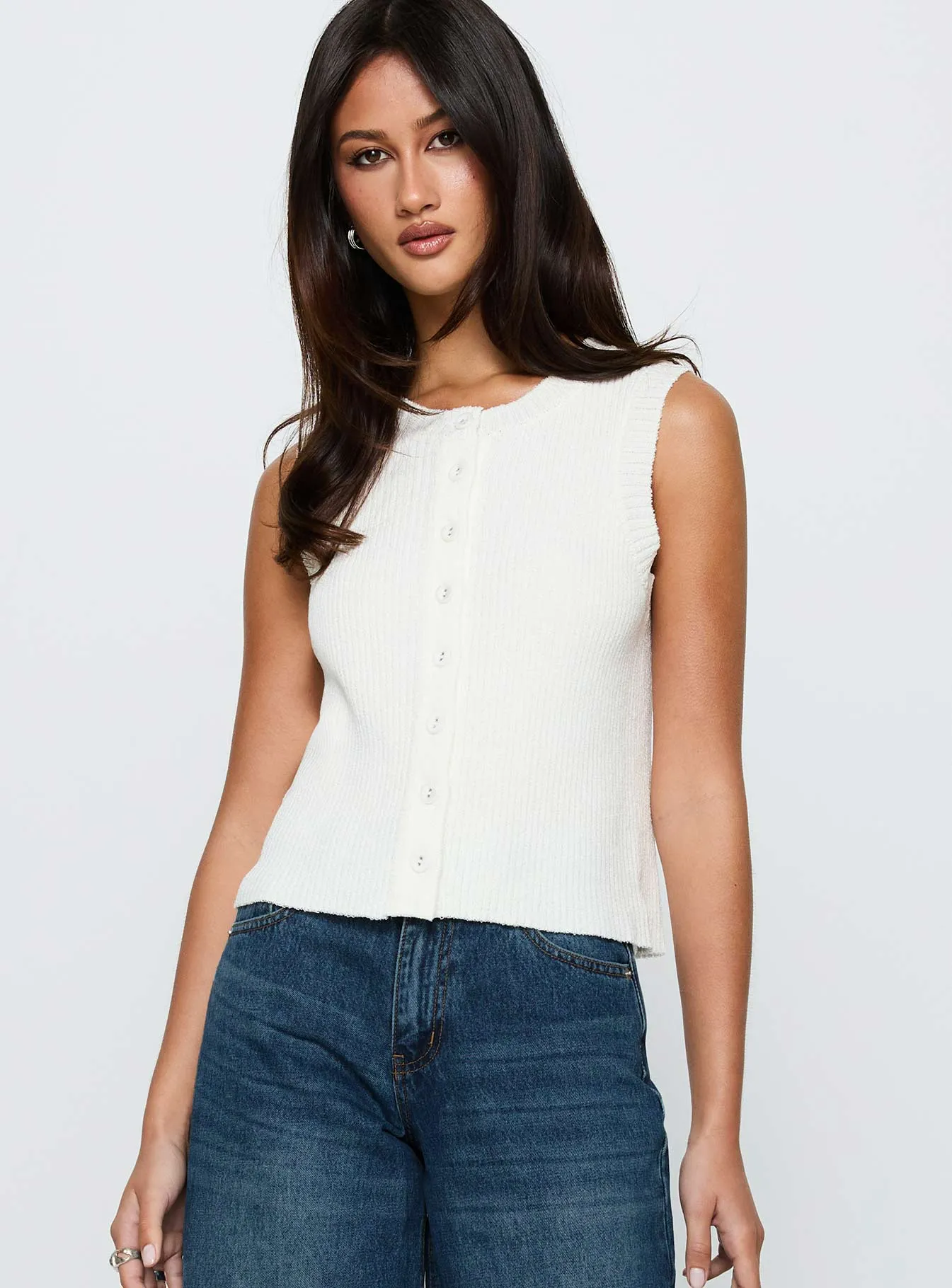Simie Button Front Rib Top White sold by Princess Polly product image thumbnail 2