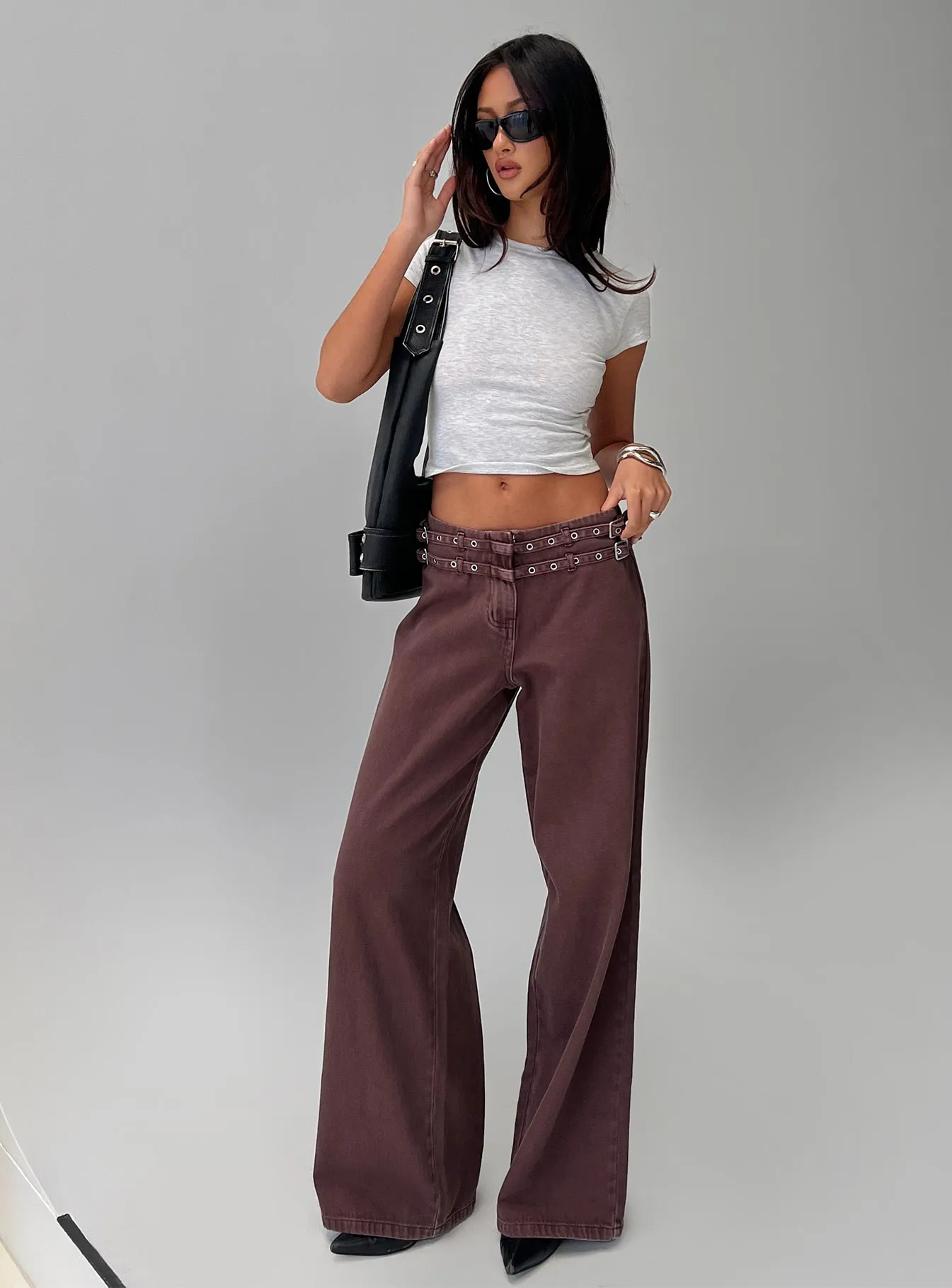 Baccarat Mid Rise Wide Leg Belted Pant Chocolate sold by Princess Polly